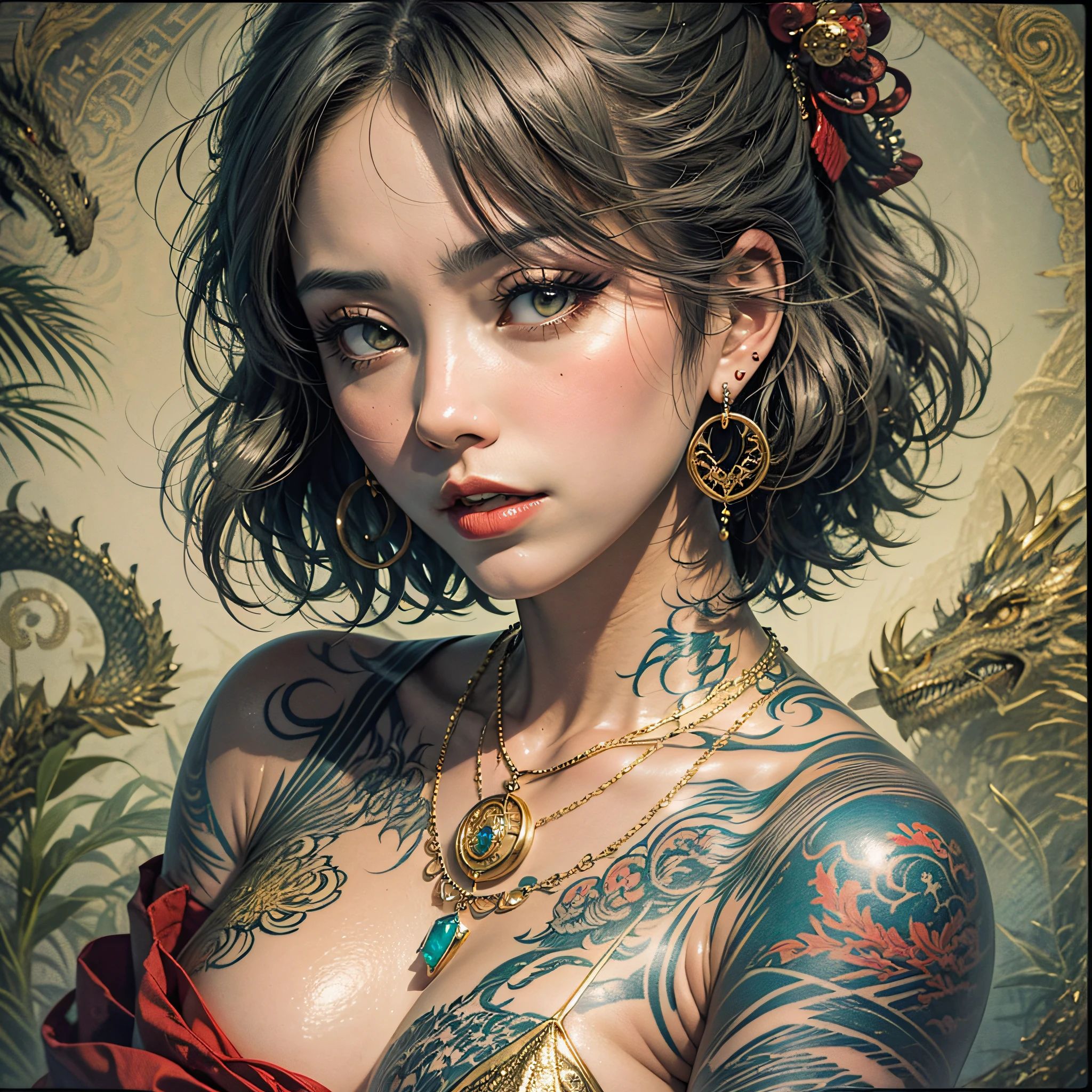 japanese woman with social blouse,tattooed arms,yakusa,japanese mafia,short messy hair,nose piercing,ear earrings,dragon tattoo,gold necklace,mocking expression,white hair,red lipstick,dark makeup,hand drawn,art nouveau