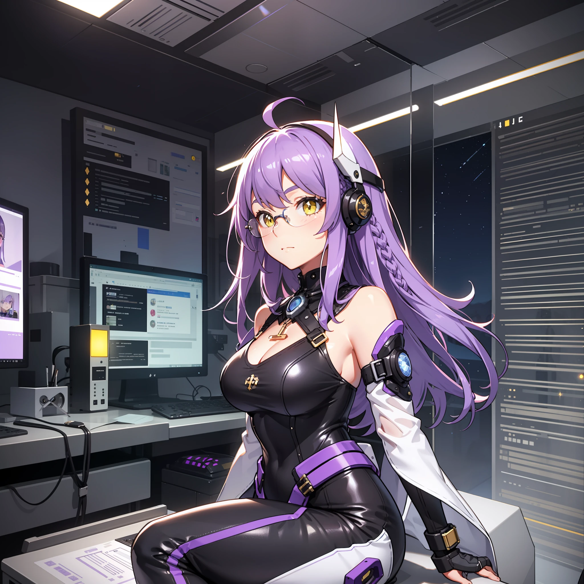complex anime 3d render ultra detailed, (((masterpiece))), (((best quality))), ((ultra-detailed)),(3D Cartoon rendering),(from side),cinematic light,((single mechanical girl,alone)),({best quality}),(Ultra Fine),(full detail),delicate youthful face,well_developed curves,hourglass_figure,perspective,beautiful_face,high_quality_outfits,futuristic_outfits,silght_blush,full_body,full detail face,protective outfits,Honkai_Impact,scientist,anatomical,Ray Tracing,Isomeric_view,;

(purple hair:1.5),indigo hair tips,two strand of deev violet hair framing face,violet ahoge, (waist-length flowy hair sorted into two parts on back),(one sharp triangle-shaped white mechanic head ornament at left side);(shiny yellow eyes:1.7, cross pupil),yellow goggle eyeglasses,golden hexagon necklace

Futuristic dress outfit,mechanic gadgets,elegant and modest outfits,black collar,black long slender sleeves,black arm bracers,white bracelets,black gloves,white vest,white tanktop with violet lines,black mechanic corset with a pair of golden buttons,violet zipper,violet traces,metalic waistband with gadget holsters,white waist pack,violet waistband,(white scifi armor skirts,knee-length asymmeric segmented hems),(black streamline plain tassets),violet knee-length dress,black shorts,(black and violet pantyhose),golden mechanic gartener belt around left leg,silver waistband with gadget holsters,knee bracers;silver mechanic boots,heeled boots;

calm expression,brooding,stretching hands,standing,looking forwards

Alone in white scifi command room with toolstands,standing in a spaceship,beside a workbench,starry sky visble through window in background, (starry sky:1.2),dreamy, [[delicate fingers and hands:0.55]:0.85],(detailed fingers)