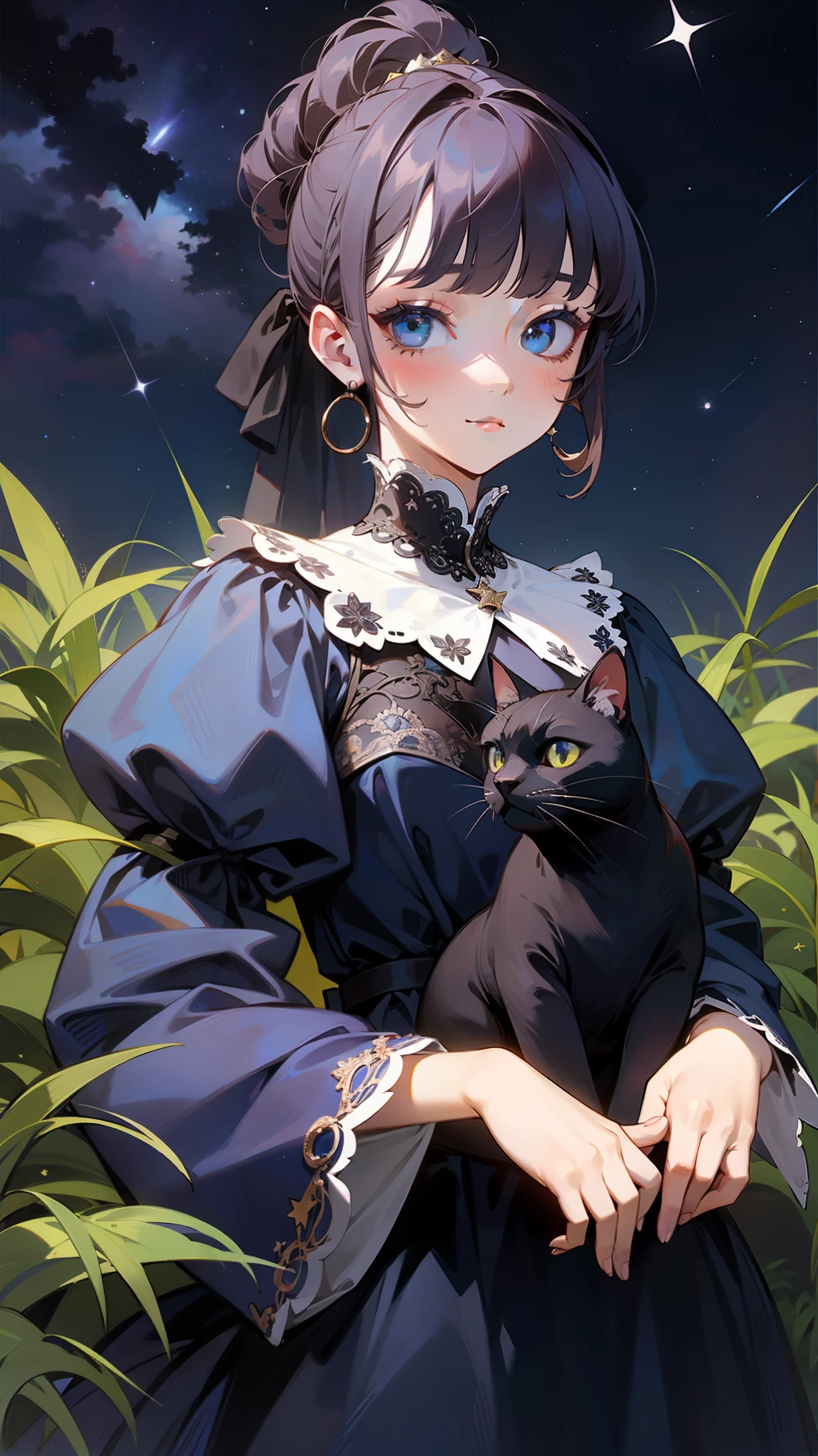 Vermeer painted woman, black cat, starry sky on background, fantastic, lace dress, plants