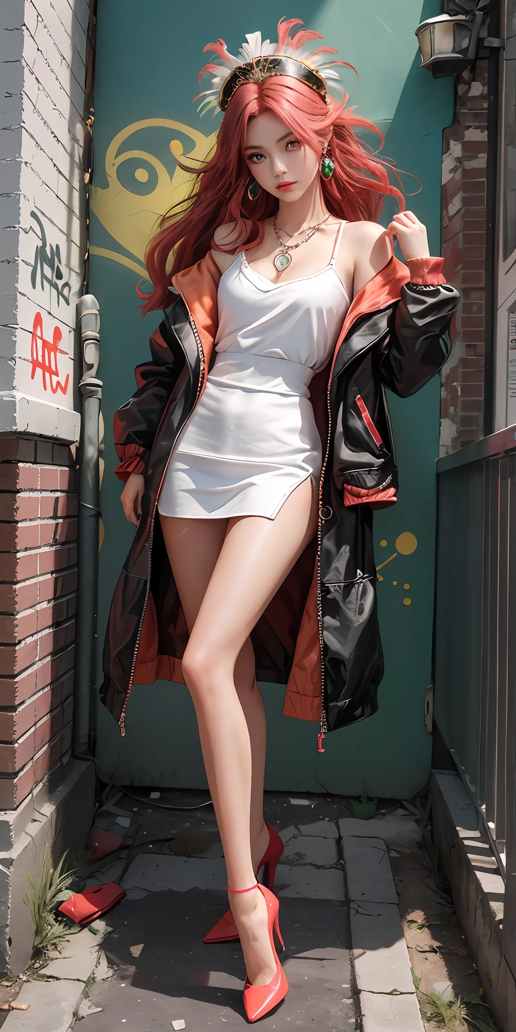 (Masterpiece, Superb Piece, 1Girl, Solo, Finely Carved, Color Aberration), Realistic, ((Medium)), Bare Shoulders, Long Pink Hair, Red Headdress, Red Highlight, Green Eyes, Earrings, Sharp Eyes, Perfect Symmetrical Body, (pureerosface_v1:0.3), Necklace, Neon Shirt, Open Jacket, White Spice Straps, Against Wall, Brick Wall, Graffiti, Dim Lighting, Alley, Looking at the Audience, ((Mean, Seductive, Glamorous, Slender Legs, Red High Heels.) ))，