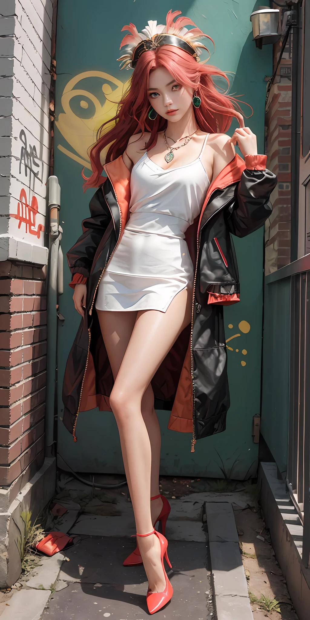 (Masterpiece, Superb Piece, 1Girl, Solo, Finely Carved, Color Aberration), Realistic, ((Medium)), Bare Shoulders, Long Pink Hair, Red Headdress, Red Highlight, Green Eyes, Earrings, Sharp Eyes, Perfect Symmetrical Body, (pureerosface_v1:0.3), Necklace, Neon Shirt, Open Jacket, White Spice Straps, Against Wall, Brick Wall, Graffiti, Dim Lighting, Alley, Looking at the Audience, ((Mean, Seductive, Glamorous, Slender Legs, Red High Heels.) )),