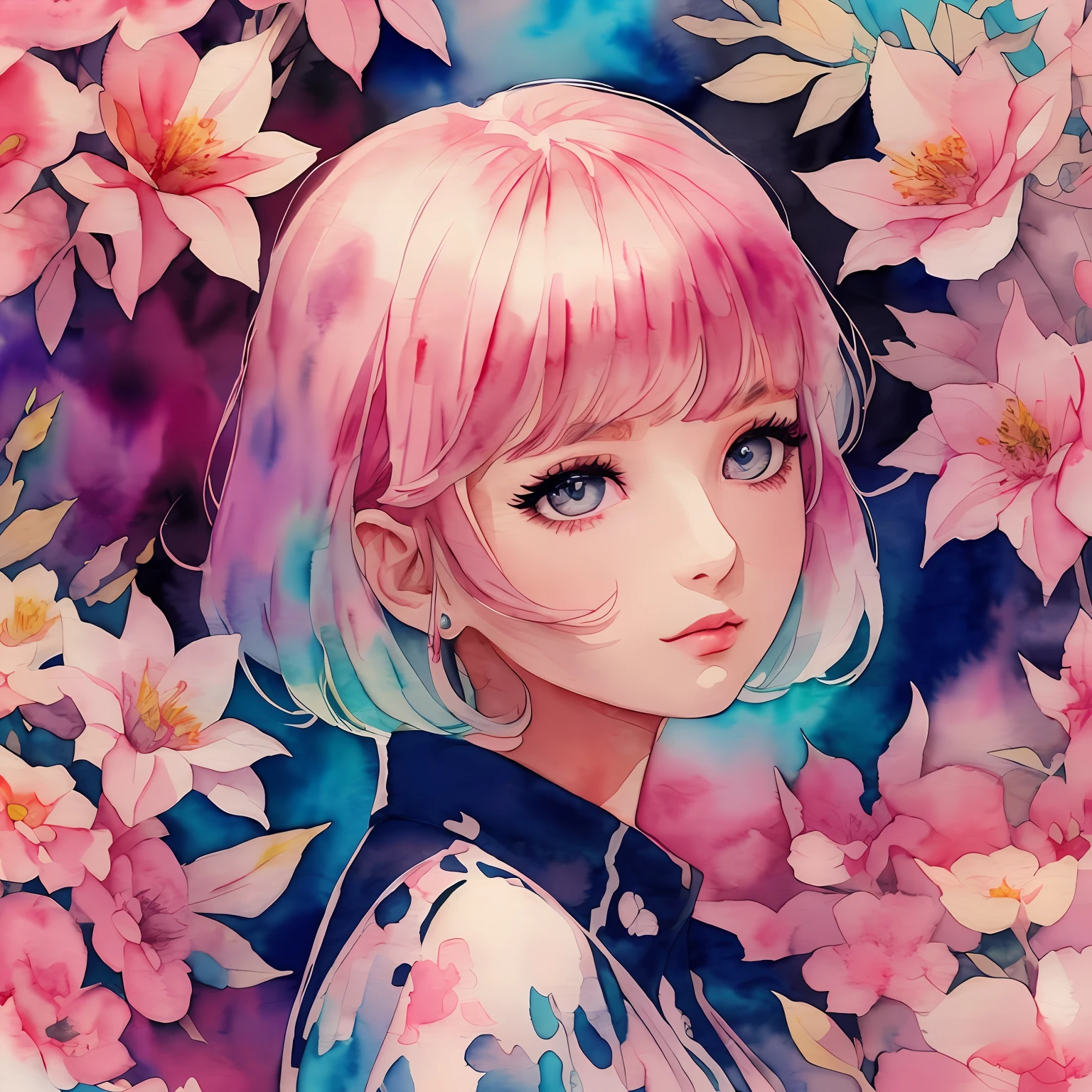 (Best Quality), (Masterpiece: 1.2), (Colorful: 0.9), (Ink Splash), (Color Splash), ((Watercolor)), Sharp Focus, (Portrait Summer Goddess: 1.5), Cute Look, Elegant Pink Haircut, Beautiful and Detailed Face and Eyes, Elegant Clothes, Spring Forest Background, Colored Water