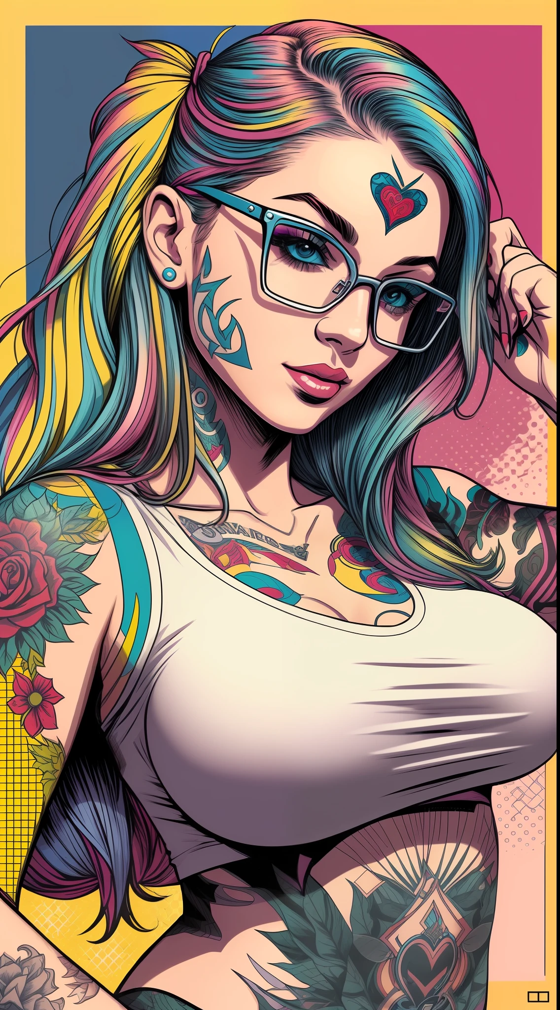 1beautiful nerd girl, big breasts, white t-shirt, tattoos, pop art scene