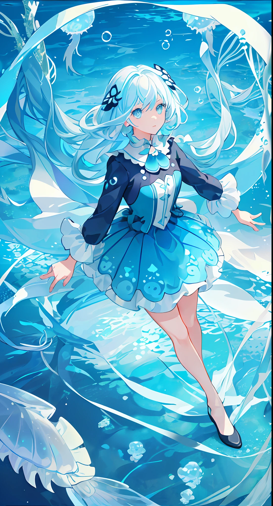 ((masterpiece,best quality)),(negative space:1.2),(1girl, solo:1.4),beautiful detailed eyes,floating hair, underwater, bubble, fish, (jellyfish), fluorescence,sea turtle, seaweed,