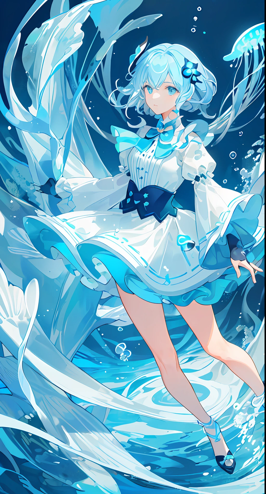 ((masterpiece,best quality)),(negative space:1.2),(1girl, solo:1.4),beautiful detailed eyes,floating hair, underwater, bubble, fish, (jellyfish), fluorescence,sea turtle, seaweed,