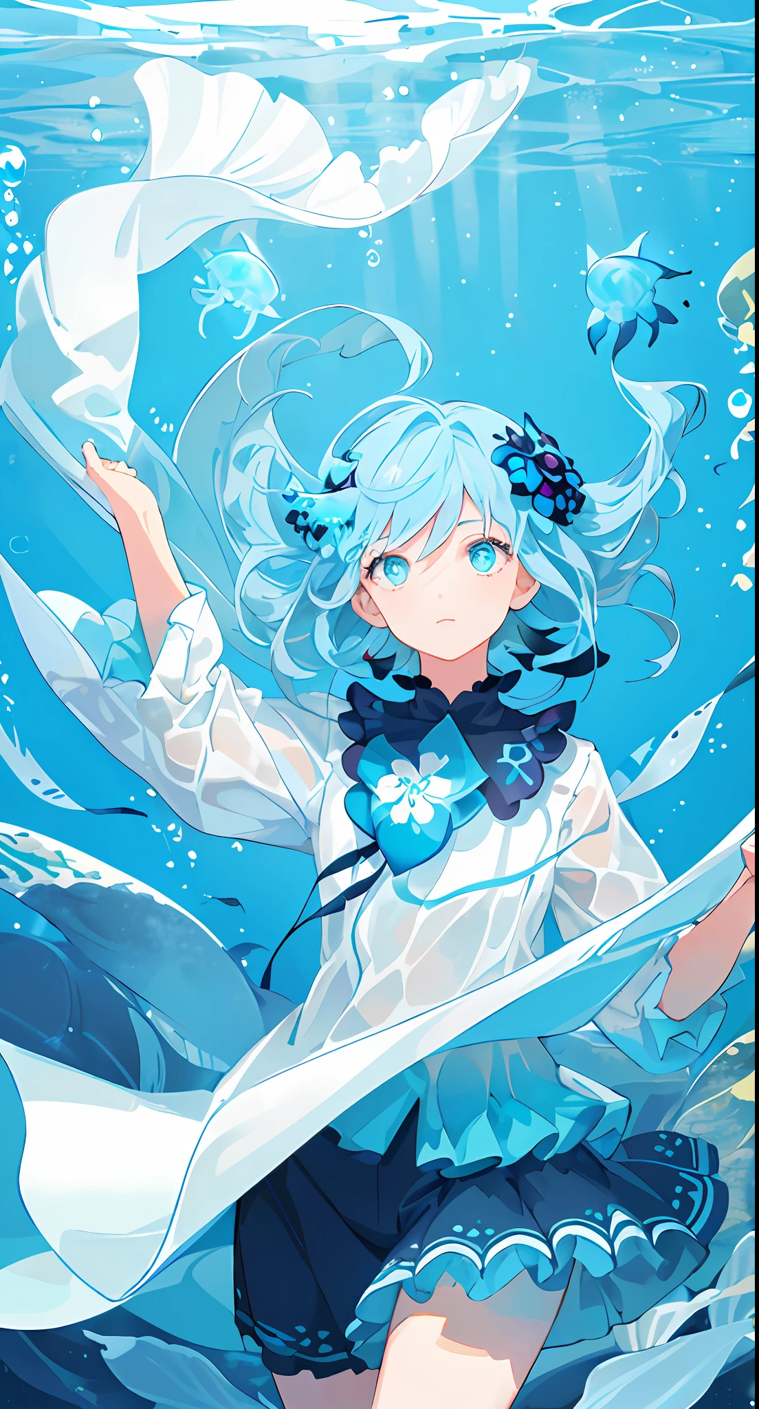 ((masterpiece,best quality)),(negative space:1.2),(1girl, solo:1.4),beautiful detailed eyes,floating hair, underwater, bubble, fish, (jellyfish), fluorescence,sea turtle, seaweed,