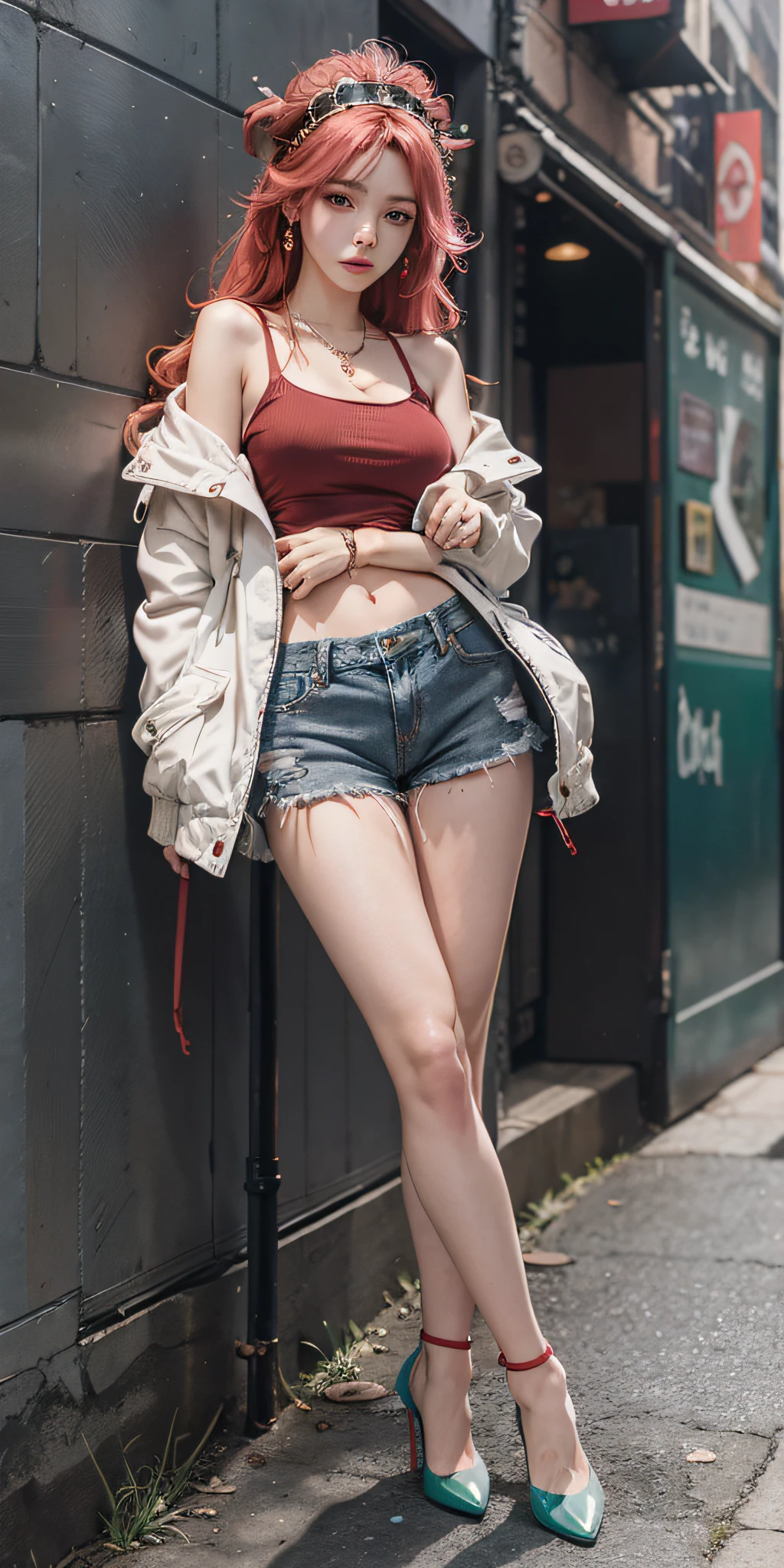 (Masterpiece, Superb Quality, 1Girl, Solo, Crafted, Color Aberration), Realistic, ((Medium)), Bare Shoulders, Long Pink Hair, Red Headdress, Red Highlight, Green Eyes, Earrings, Sharp Eyes, Perfect Symmetrical Body, (pureerosface_v1:0.3), Necklace, Neon Shirt, Denim Shorts, Open Jacket, White Thin Shoulder Straps, Against Wall, Brick Wall, Graffiti, Dim Lighting, Alley, Looking at the Audience, ((Mean, Seductive, Charming, Slender Legs, Red high heels)),