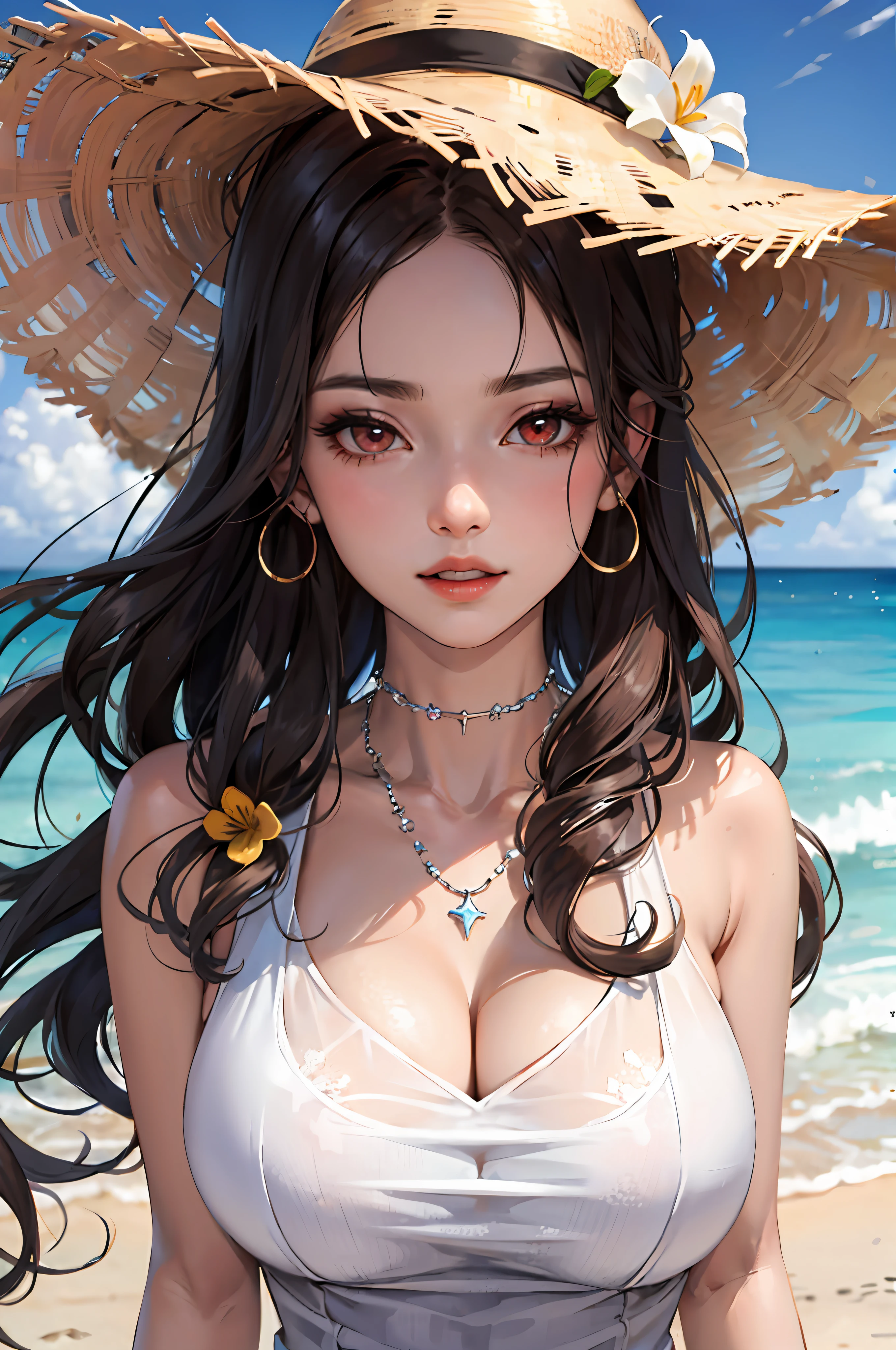(masterpiece:1.2, best quality), (1lady, solo, upper body:1.2), Clothing: white flowy maxi dress, wide-brimmed hat, strappy sandals, Accessories: shell necklace, Hair: loose beach waves, Makeup: natural, glowing skin, Behavior: relaxed, carefree, free-spirited, Location: beach, resort, outdoor festival, red eyes, huge tits,