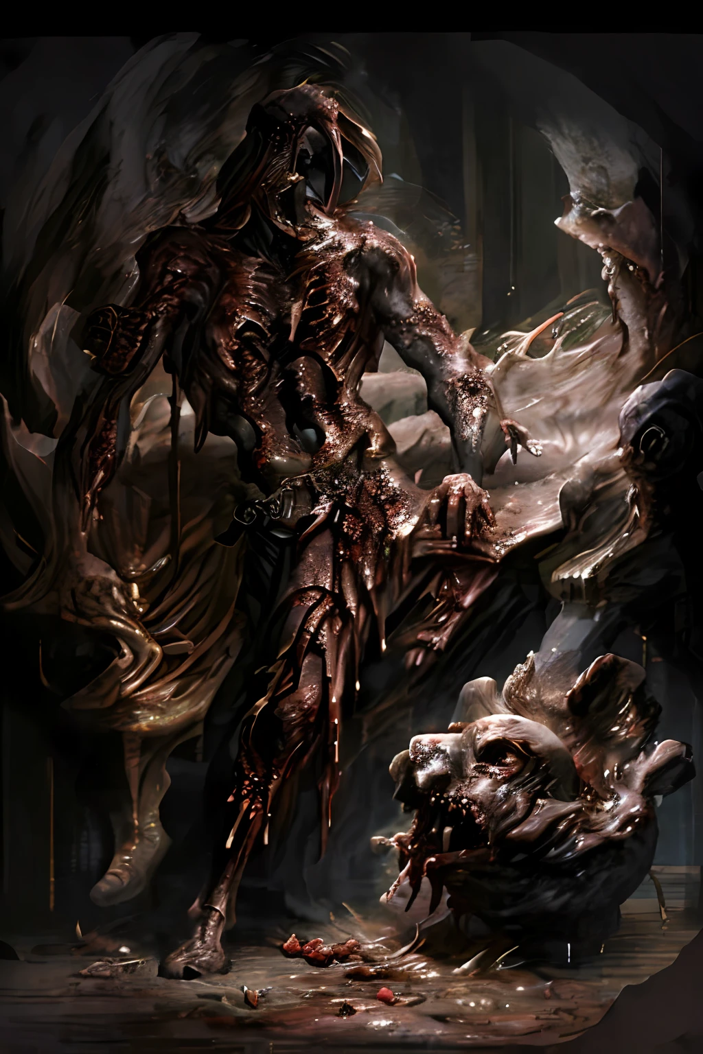 painting of a beautiful undead priestess, laying on flower field, full body, rotten, detailed blood, guts, meat :: amazing accent lighting :: mysterious, dark, highly detailed eyes, intricate and vibrant line work + Tarot Card + Trending on Artstation + Incredible gothic illustration + Exquisite detail