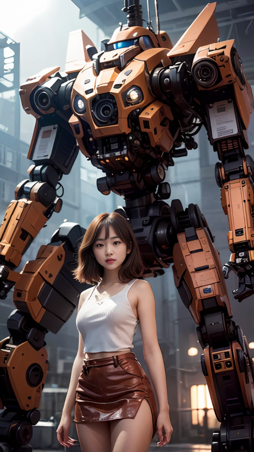 ((masterpiece, best quality)), illustration, ultra detailed 8k, photorealistic, sharp focus, highly detailed, professional lighting, colorful details, iridescent colors BREAK extreme long shot of a factory, big construction of red and silver mechanical robot, microchip, computer, bright, intricate details, 1 girl with perfect face, beautiful mini skirt is standing in front of the audience,