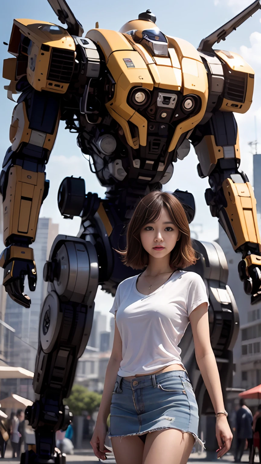 ((masterpiece, best quality)), illustration, ultra detailed 8k, photorealistic, sharp focus, highly detailed, professional lighting, colorful details, iridescent colors BREAK extreme long shot of a factory, big construction of red and silver mechanical robot, microchip, computer, bright, intricate details, 1 girl with perfect face, beautiful mini skirt is standing in front of the audience,