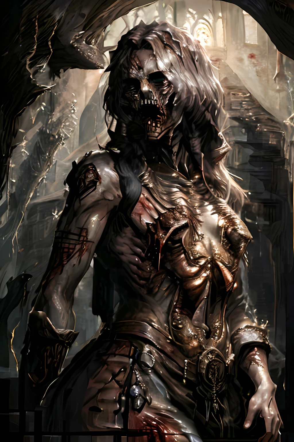 painting of a beautiful undead priestess, laying on flower field, full body, rotten, detailed blood, guts, meat :: amazing accent lighting :: mysterious, dark, highly detailed eyes, intricate and vibrant line work + Tarot Card + Trending on Artstation + Incredible gothic illustration + Exquisite detail