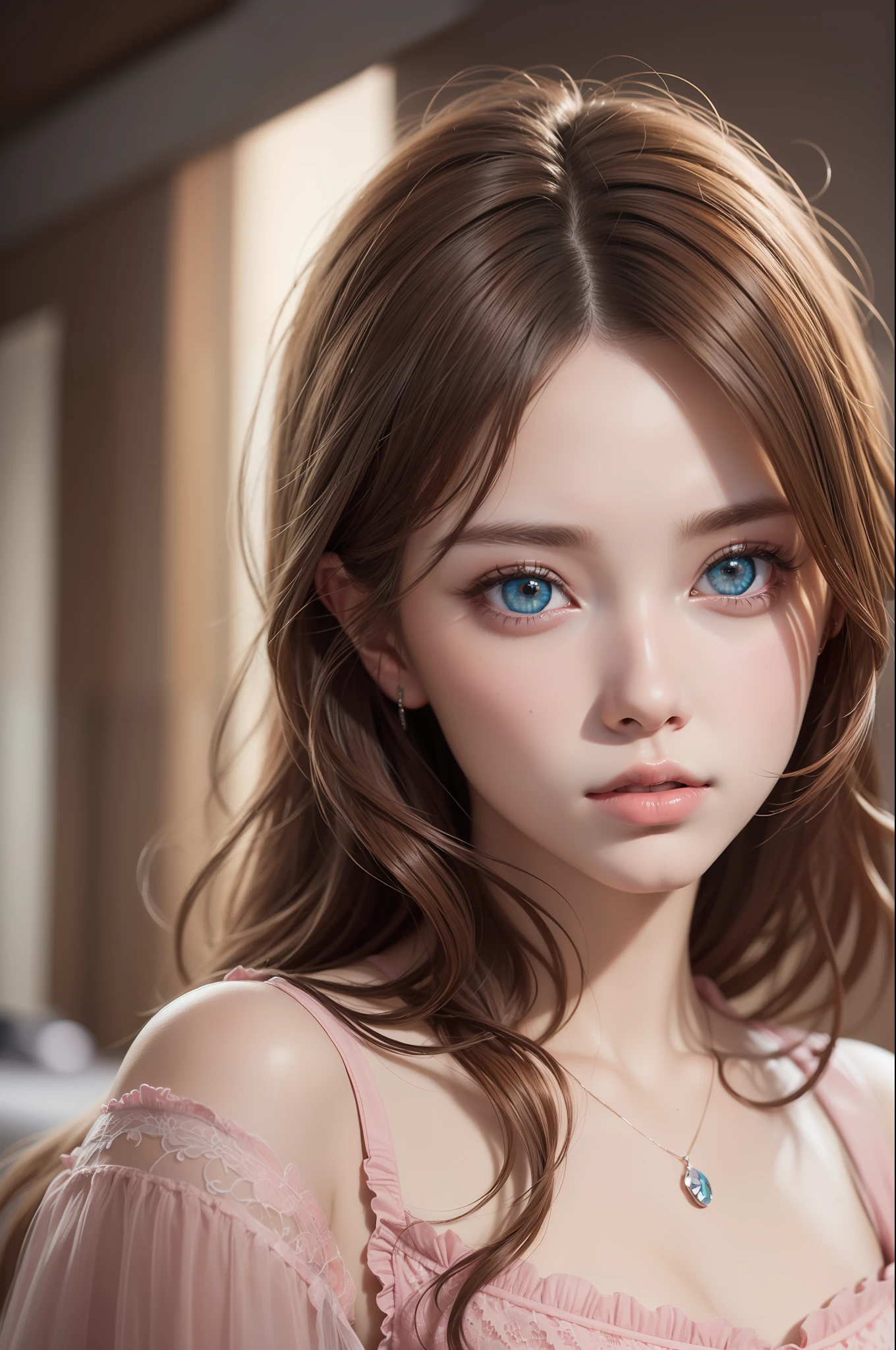 ( Absurd, High quality, ultra-detailed, masterpiece, concept art, smooth, highly detailed artwork, hyper-realistic painting )beautiful eyes(eyes detailed), Ugly but cute girl, have reddish-brown hair, normal face, pink link,