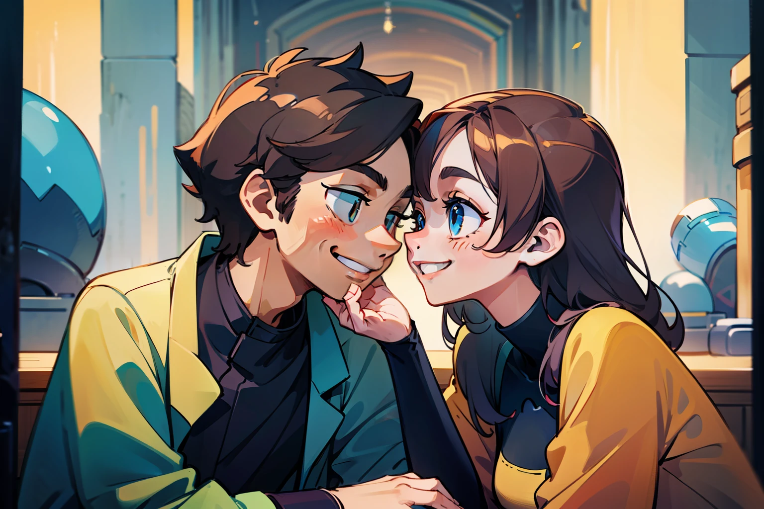 An image that shows two people in a conversation, with open and receptive facial expressions and body language. They may be smiling, making eye contact and leaning slightly toward each other, smiling, close-up, top half deep, best image quality,