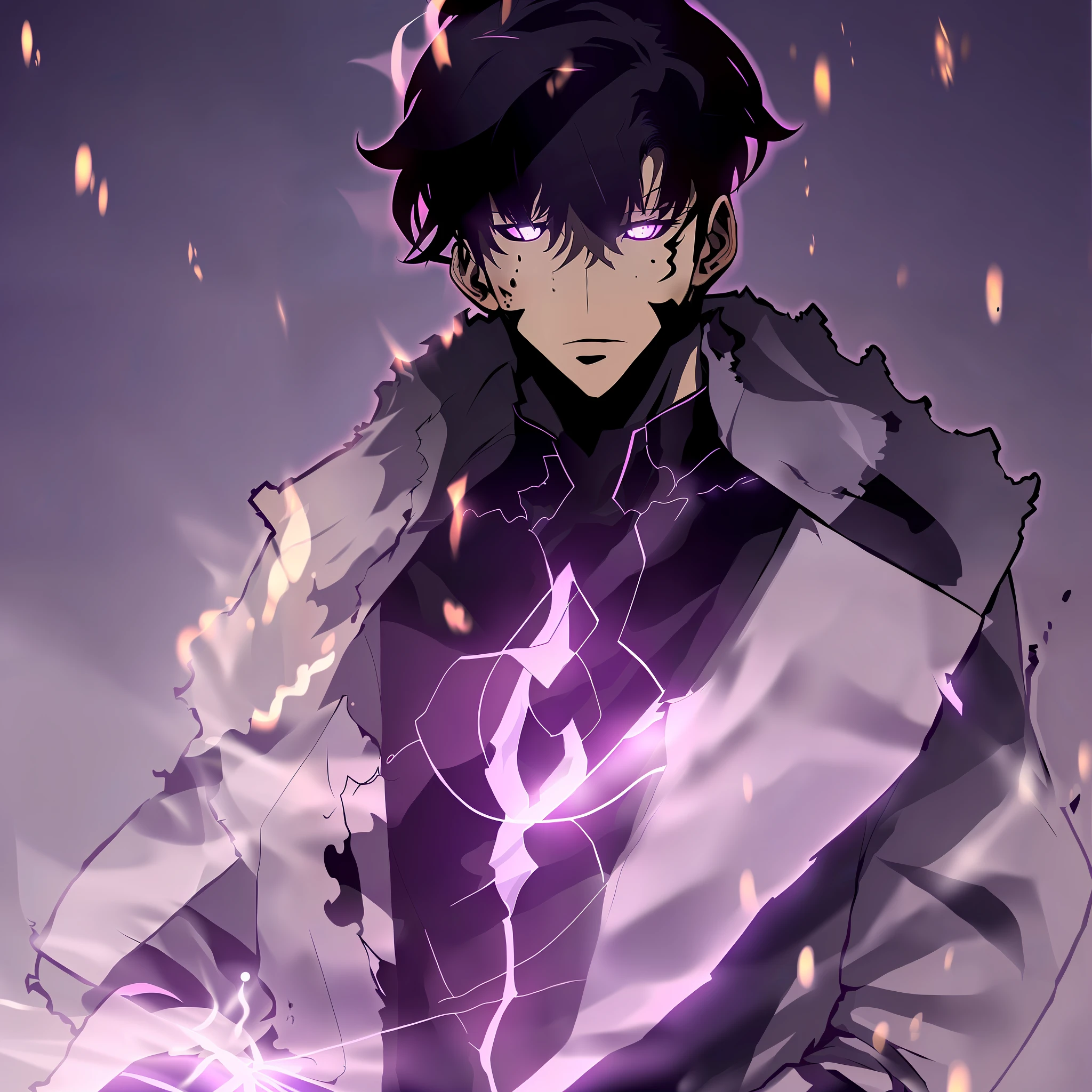1girl,solo leveling, sung jinwoo,1man, highres,high quality,realistic, masterpiece,has a purple aura outside his clothes, wearing a black costume, black hair, angry ,badas, perfect fingers,face to face
