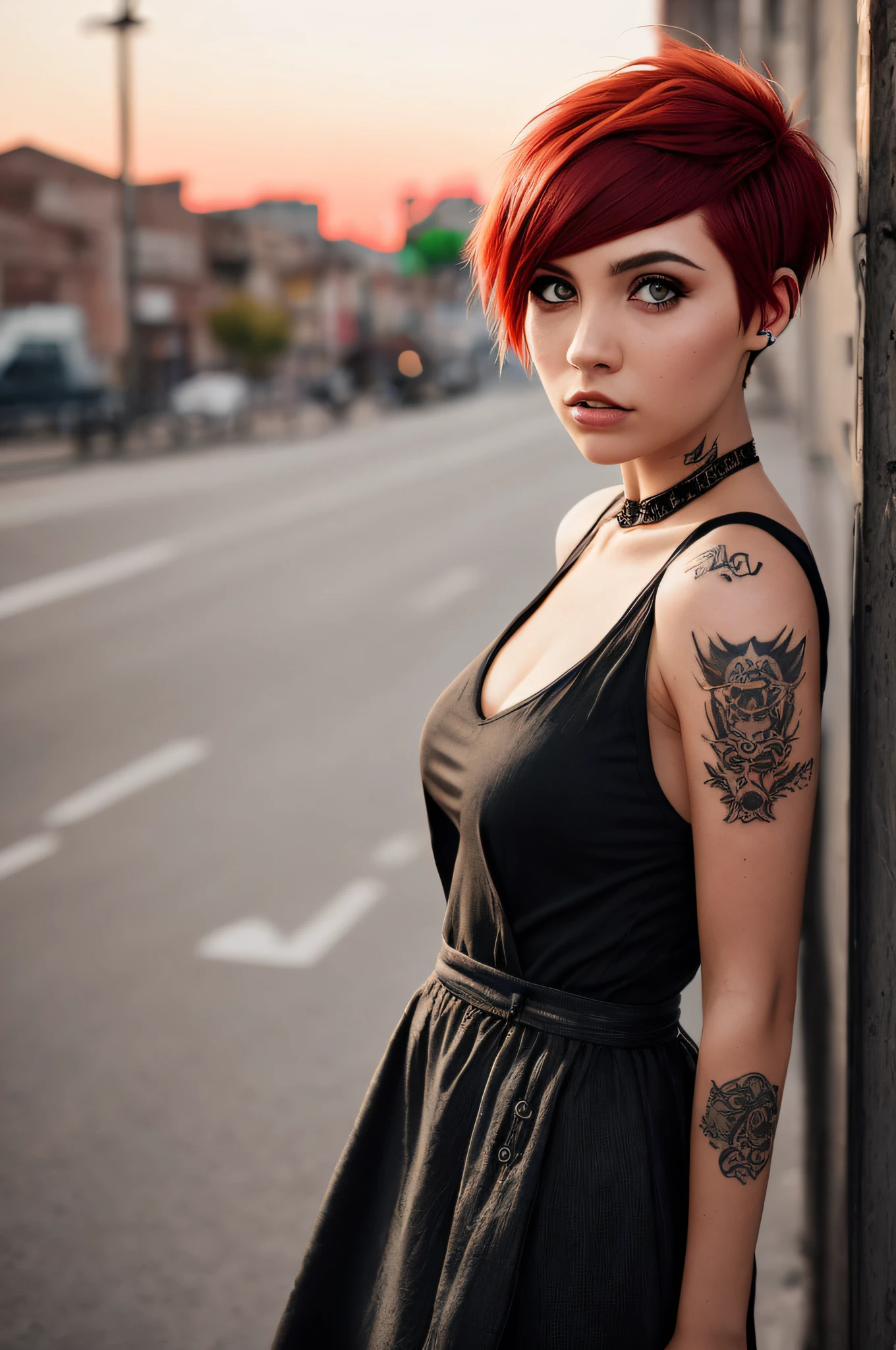 20 year old mexican woman (red hair (pixie cut)), (More realistic skin texture:1.2), natural skin textur, tanned skin, ponytail hairstyle
(frightened:1.2), kat sweets poses, leaning, sexy photo, Cloth & Dress, (Tattoo), nvinkpunk Detailed cyberpunk city, sunset
lightroom