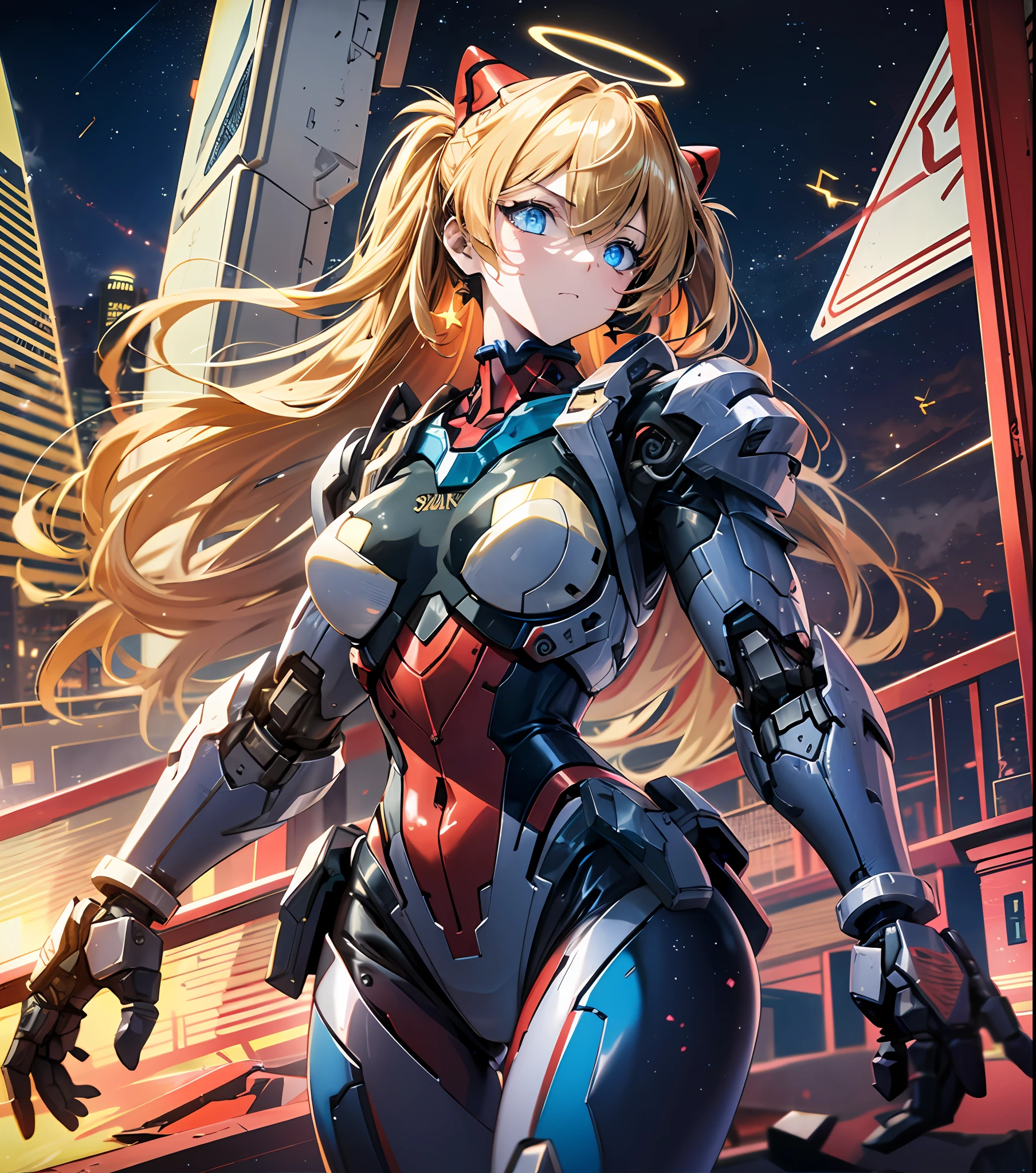 Masterpiece, best quality, super detailed, very detailed illustration, very detailed, complex details, high resolution, super complex details, very detailed 8k CG wallpaper, cowboy lens, caustics, reflections, ray tracing, demon theme, nebula, dark aura, network effects, (1 girl:1.4), Asuka, single, alone, mecha musume, mechanical parts, robot joints, single robotic arm, headdress, mechanical halo, star halo, complex mechanical tights, mecha corset, Fully armored, Very long hair, yellow hair, hair between eyes, blue eyes, glowing eyes, eye tracks, random expressions, random movements, ancient Japanese architecture, ponds, starry sky, skyline,