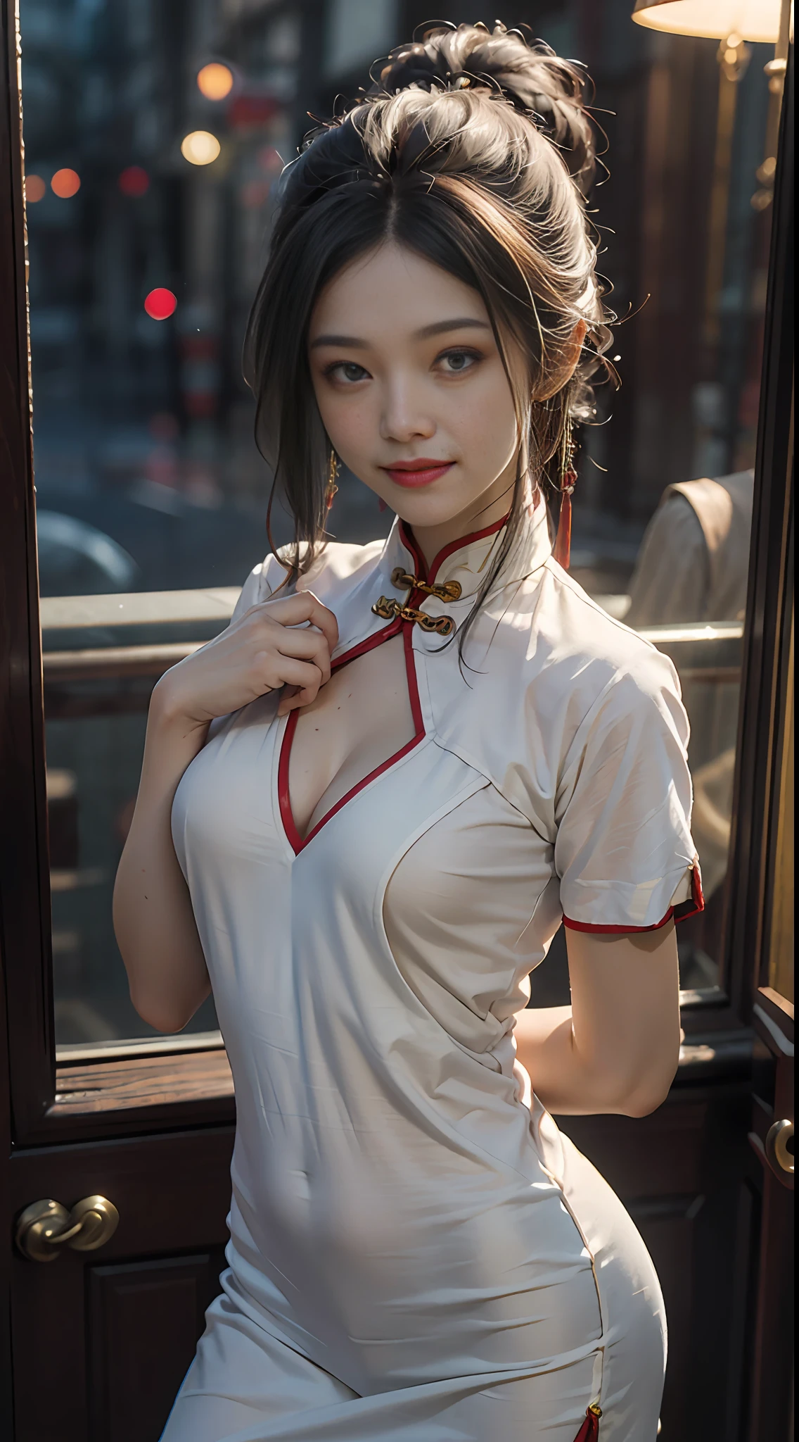 Best quality, (RAW photos: 1.2), (Masterpieces: 1.4), (Realistic: 1.4), (High resolution: 1.4), Chinese actress Gulinazha, depth of field, intricate details, 8k, very detailed, perfect lighting, epic background, large bust 1.3, black cheongsam, large open 1.3 (((chest exposed)), frontal photo, smiley face