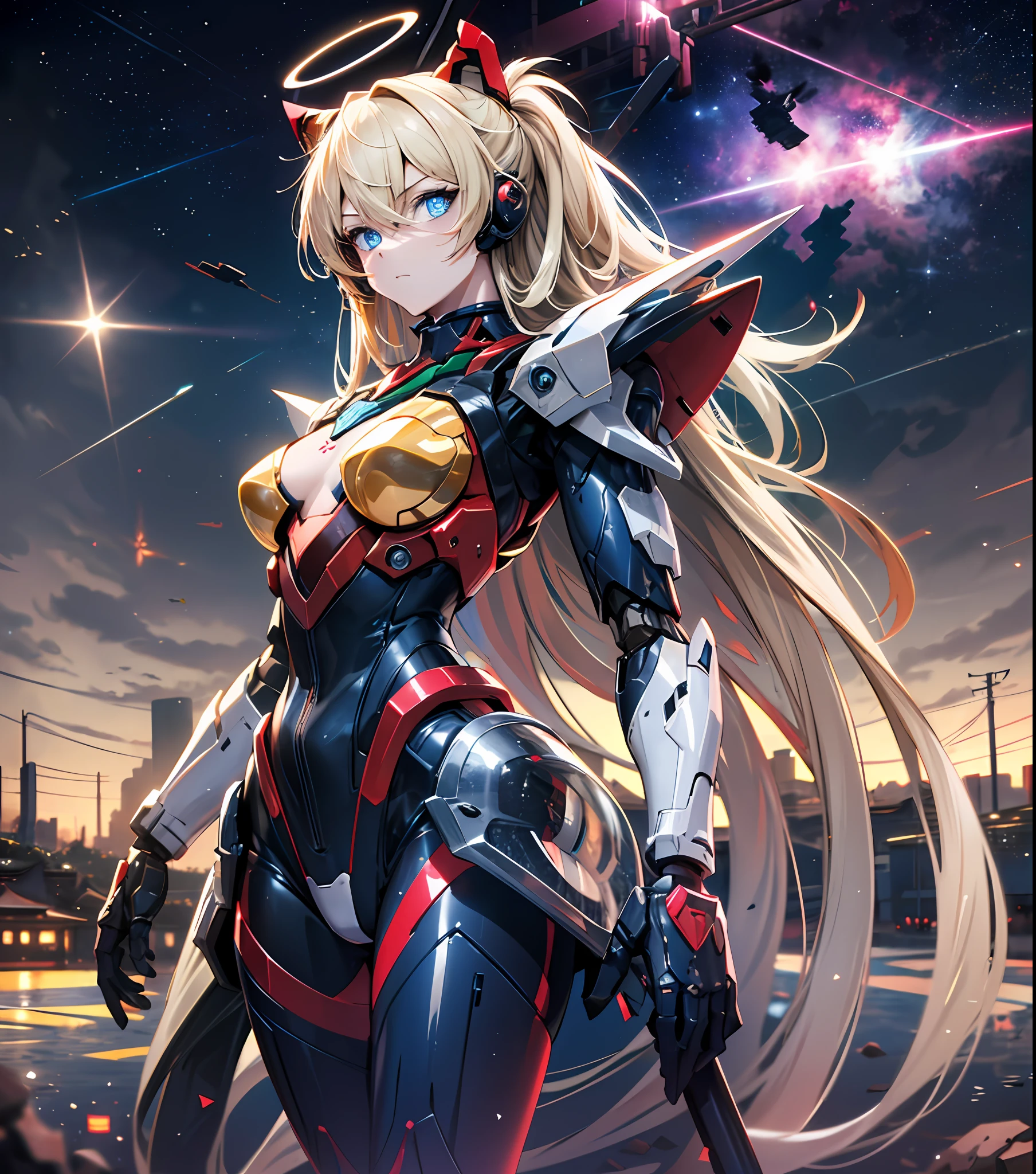 Masterpiece, best quality, super detailed, very detailed illustration, very detailed, complex details, high resolution, super complex details, very detailed 8k CG wallpaper, cowboy lens, caustics, reflections, ray tracing, demon theme, nebula, dark aura, network effects, (1 girl:1.4), Asuka, single, alone, mecha musume, mechanical parts, robot joints, single robotic arm, headdress, mechanical halo, star halo, complex mechanical tights, mecha corset, Fully armored, Very long hair, yellow hair, hair between eyes, blue eyes, glowing eyes, eye tracks, random expressions, random movements, ancient Japanese architecture, ponds, starry sky, skyline,
