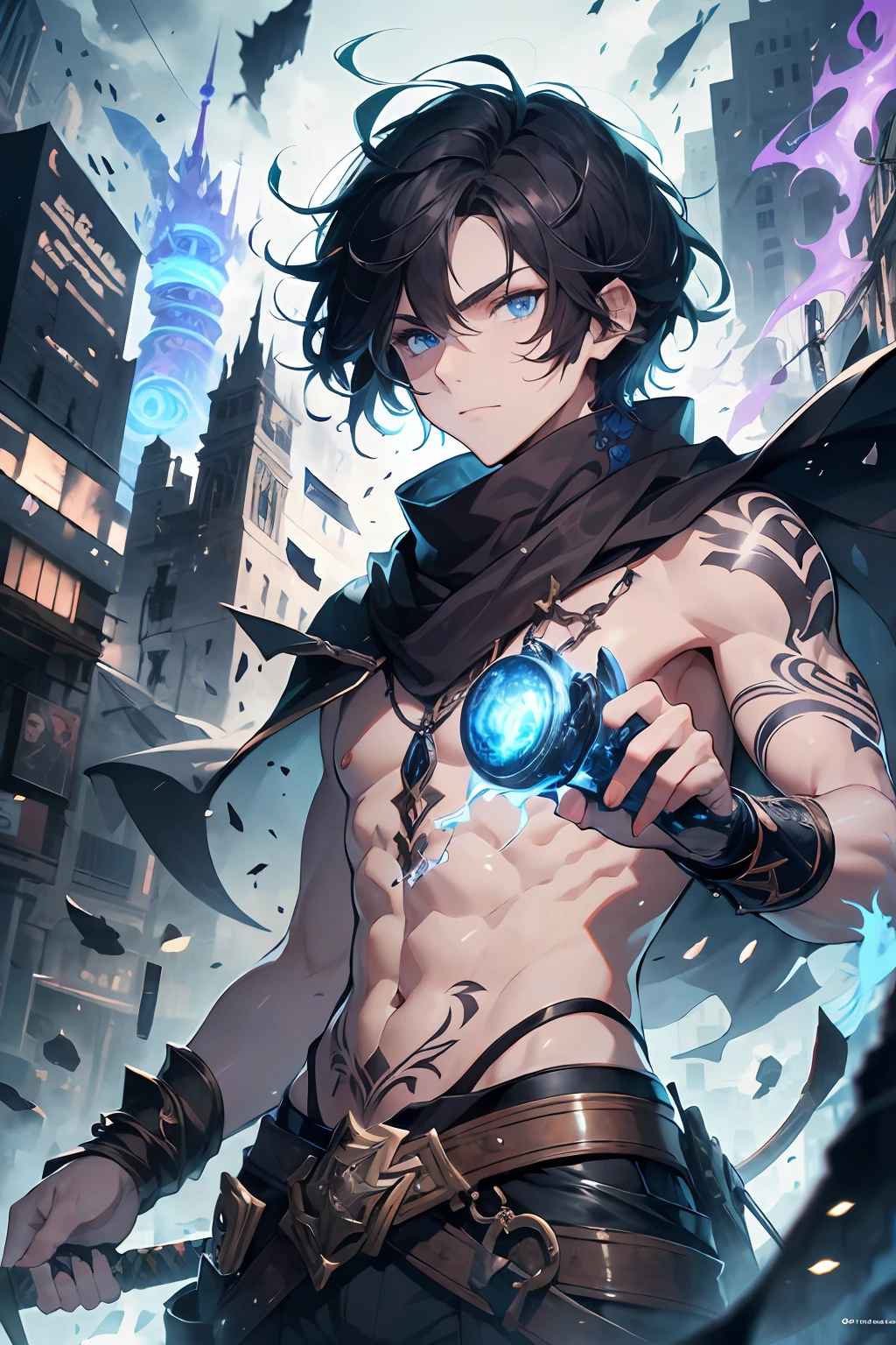 (absurdres, highres, ultra detailed), masterpiece, best quality, real light and shadow, solo, a boy with black hair, white sleeveless outfits, handsome, finely eye, detailed face, detailed eye, black scarf, two swords, dual-swords, a swords surround by blue flame, tattoo, from below, look down, ruined city, dark background, swirl, spark, cowboy shot, BREAK, blue eyes,