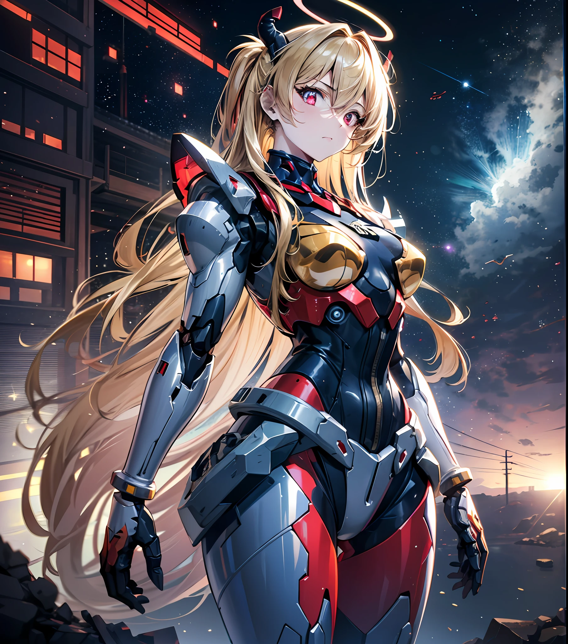 Masterpiece, best quality, super detailed, very detailed illustration, very detailed, complex details, high resolution, super complex details, very detailed 8k CG wallpaper, cowboy lens, caustics, reflections, ray tracing, demon theme, nebula, dark aura, network effects, (1 girl:1.4), Asuka, single, alone, mecha musume, mechanical parts, robot joints, single robotic arm, headdress, mechanical halo, star halo, complex mechanical tights, mecha corset, Fully armored, Very long hair, yellow hair, hair between eyes, red eyes, glowing eyes, eye tracks, random expressions, random movements, ancient Japanese architecture, ponds, starry sky, skyline,