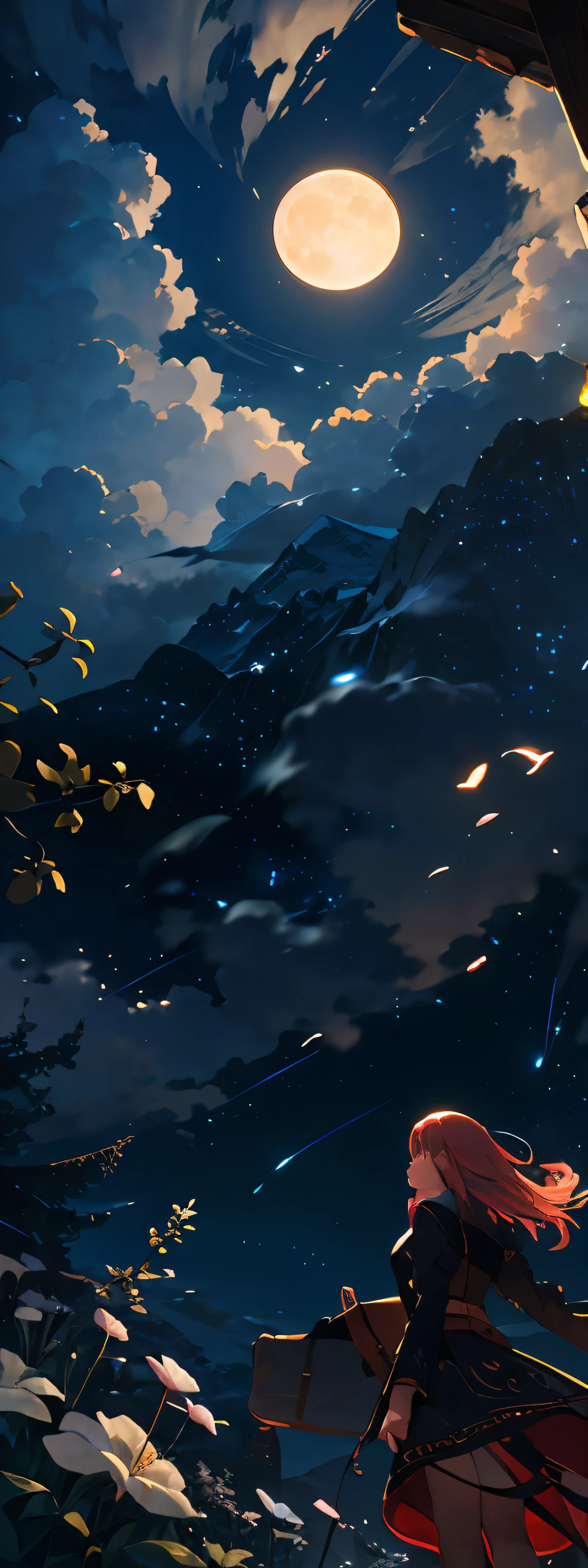 LANDSCAPE PHOTO (SEEN FROM BELOW, SKY ABOVE, FIELD BELOW), GIRL STANDING IN FLOWER GARDEN LOOKS UP (FULL MOON: 1.2), (METEOR: 0.9), (NEBULA: 1.3), DISTANT MOUNTAINS, TREES BREAK CRAFTING ART, (WARM LIGHT: 1.2), (FIREFLY: 1.2), LIGHTS, LOTS OF PURPLE AND ORANGE, INTRICATE DETAILS, VOLUMETRIC LIGHTING BREAK (MASTERPIECE: 1.2), ( Best Quality), 4K, Ultra Detailed, (Dynamic Composition: 1.4), Rich in Detail and Color, (Iridescent: 1.2), (Glow, Atmospheric Lighting), Dreamy, Magical, (Solo: 1.2)