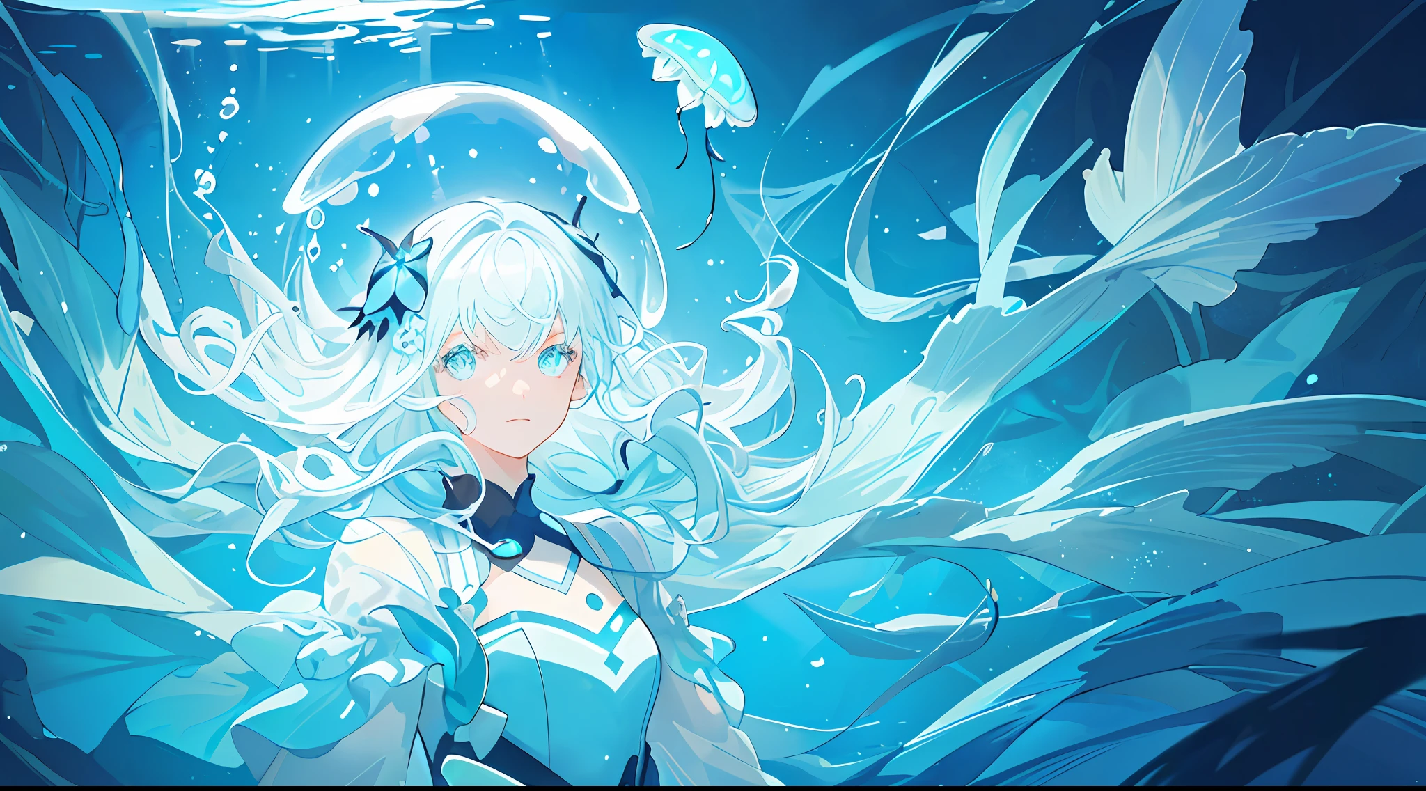 ((masterpiece,best quality)),(negative space:1.2),(1girl, solo:1.4),beautiful detailed eyes,floating hair, underwater, bubble, fish, (jellyfish), fluorescence,sea turtle, seaweed,