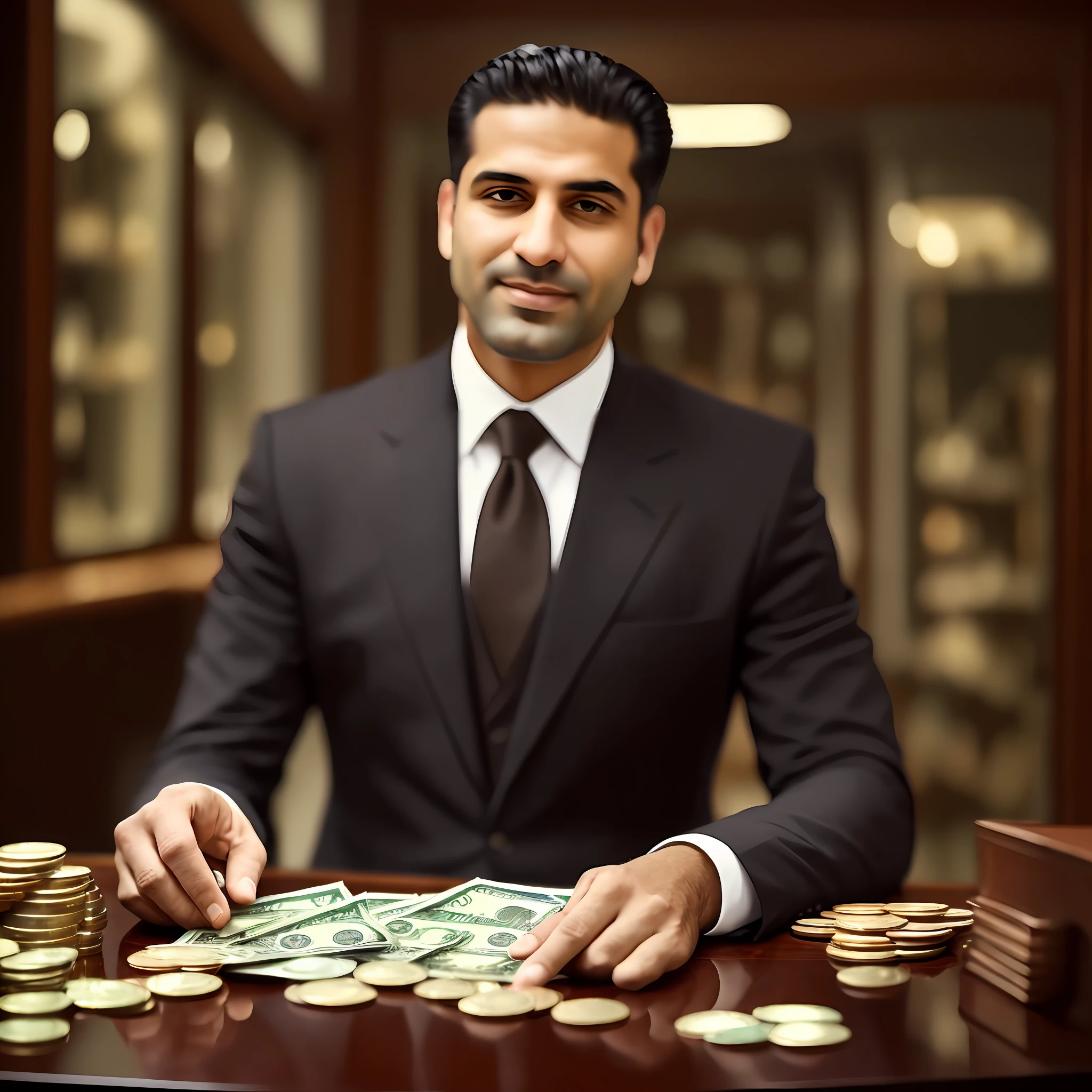 Man with money in his hands happy, on a brown table, with dollars in his hands, view from the front, money counter on the table, black briefcase on the table, American man, mafia.