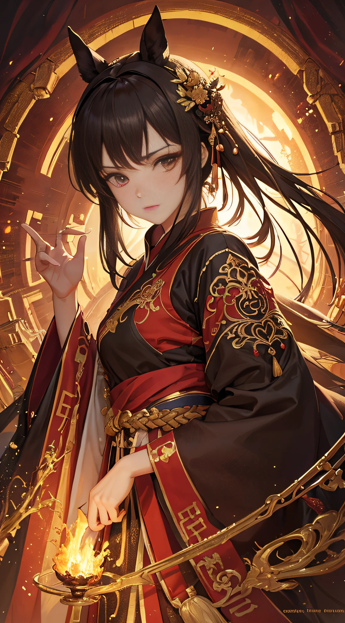 Masterpiece, Top Quality, Best Quality, (Beauty and Aesthetics: 1.3), Extreme Detail, (Fractal Art: 1.3), Colorful, Fire and Fierce Horse, Brown and 1 Girl, Hanfu Girl Media, Hanfu, Brown, Scowl