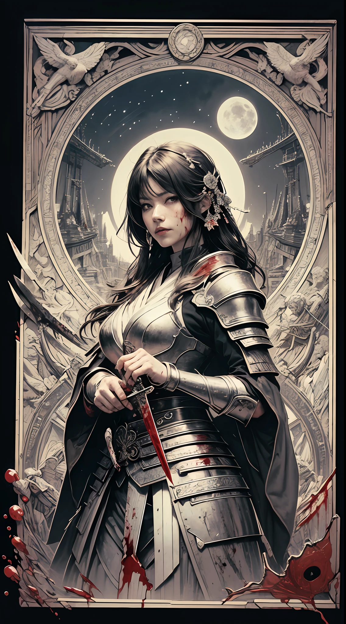 samurai woman,with knife in hand,on a bloody bridge,(blood:1.5),broken armor,messy hair,looking down,monochrome,strong shadows,full moon,night,hand drawn,art nouveau