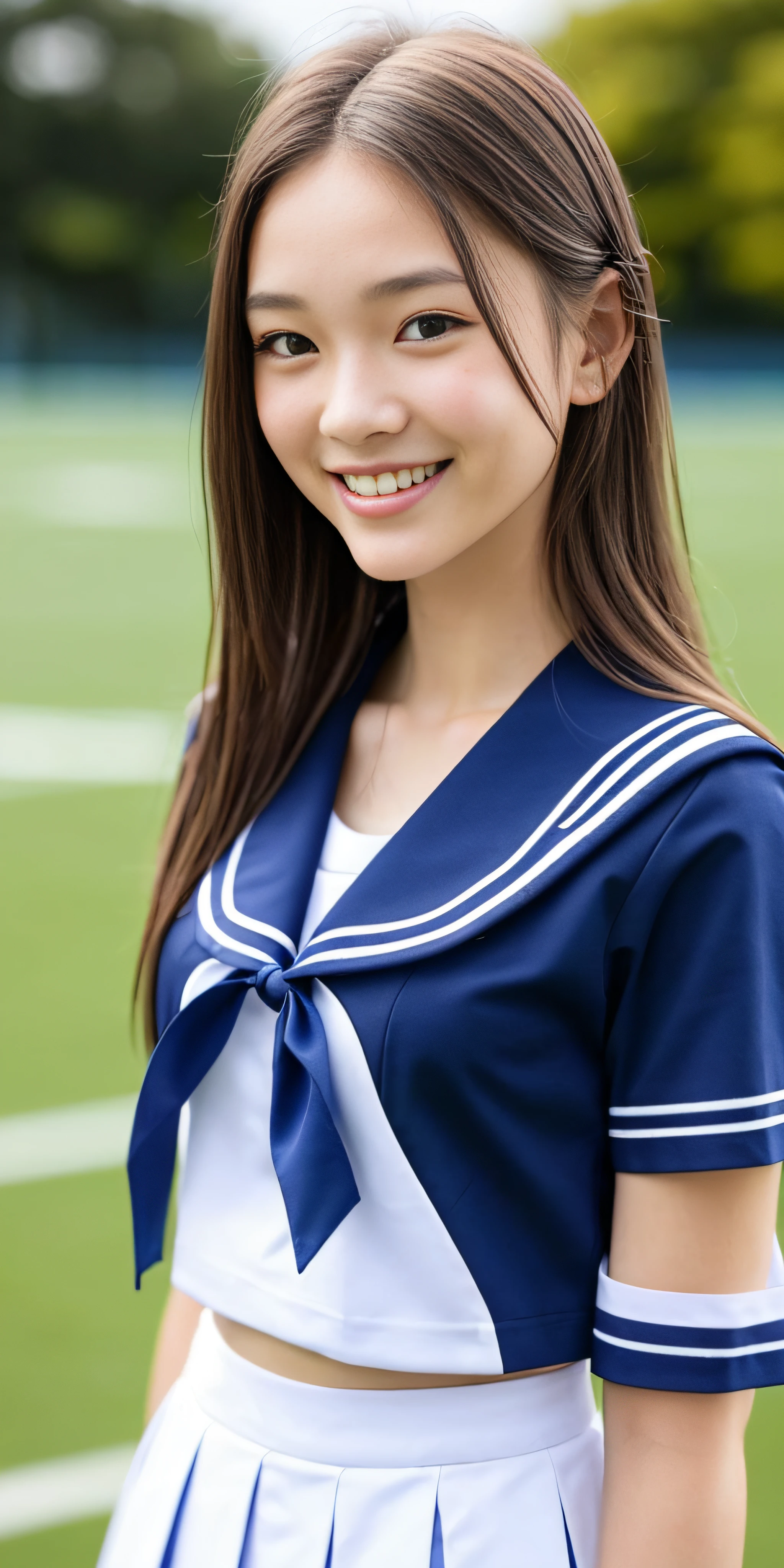 neat college girl, (school uniform, sailor uniform, ribbon tied at chest, summer uniform, upper body white, skirt dark blue, short sleeves), outside the athletic field, (slim), photorealistic, detail, skin texture, ultra detail, delicate and sexy collarbone, smile, super detailed face, detailed lips, detailed eyes, double eyelids, small breasts, small breasts, small, small, flat chest