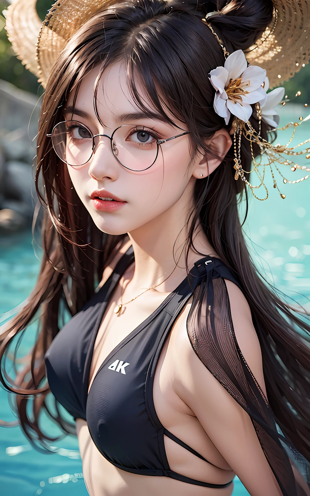 Top Quality, 8K, 4K, High Definition, Details Beautiful round glasses girl, dark-haired girl, wearing swimsuit, stream, upper body in the picture,