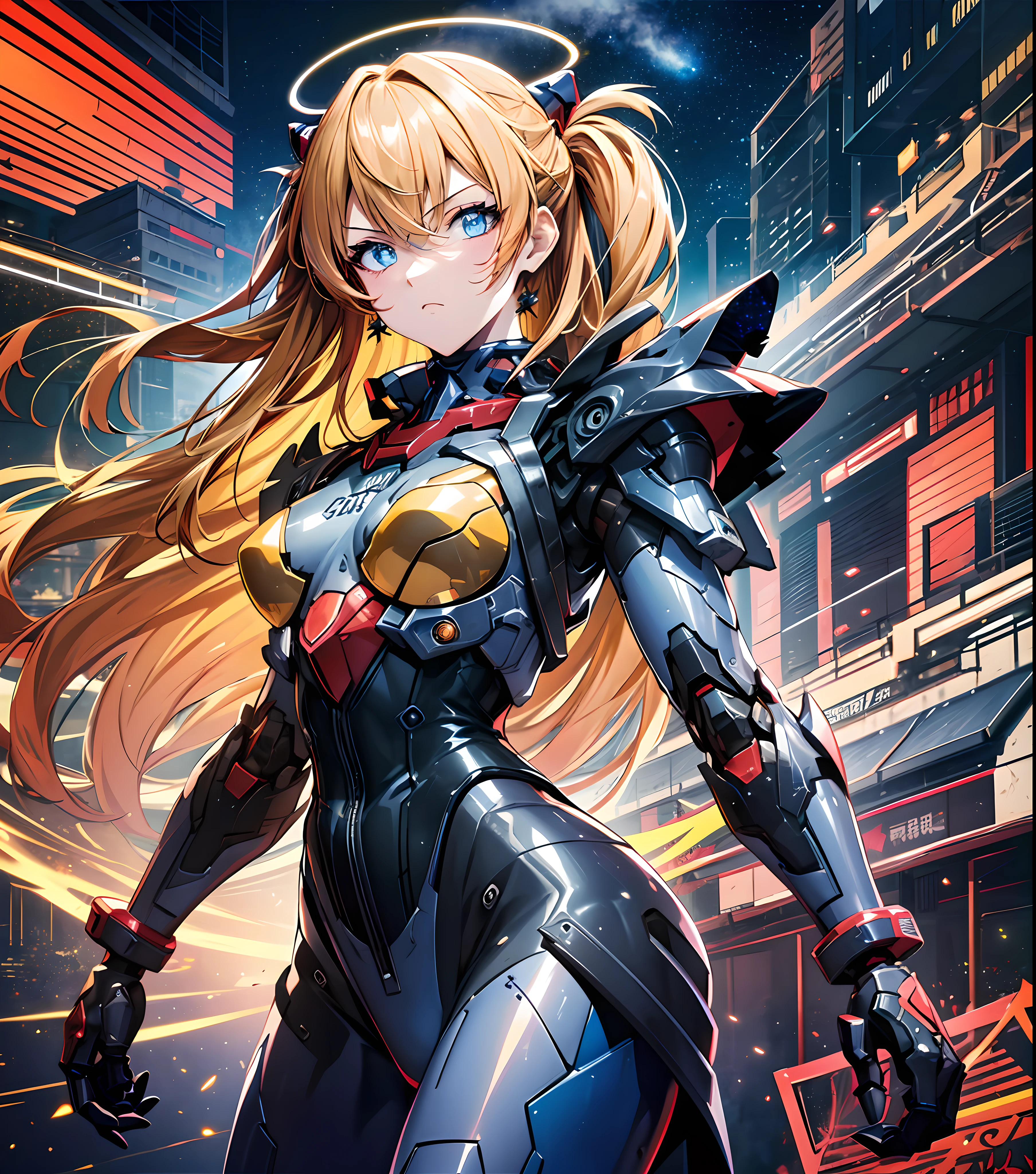Masterpiece, best quality, super detailed, very detailed illustration, very detailed, complex details, high resolution, super complex details, very detailed 8k CG wallpaper, cowboy lens, caustics, reflections, ray tracing, demon theme, nebula, dark aura, network effects, (1 girl:1.4), Asuka, single, alone, mecha musume, mechanical parts, robot joints, single robotic arm, headdress, mechanical halo, star halo, complex mechanical tights, mecha corset, Fully armored, Very long hair, orange-yellow hair, hair between eyes, blue eyes, glowing eyes, eye tracks, random expressions, random movements, ancient Japanese architecture, ponds, starry sky, skyline,