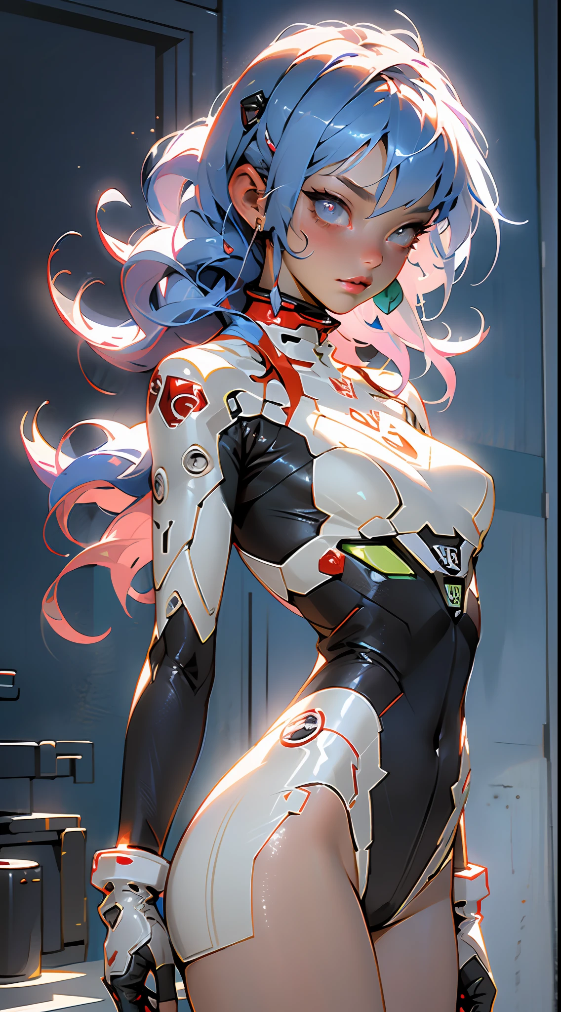 ((Best quality)), ((masterpiece)), (detailed: 1.4), (Absurd), light-skinned lolita with micro bikini, Genesis evangelion neon style clothing, red and white stripes, blue arms with white stars, 2 piece clothing, colored hair, tattoo on arms, cybernetic hand, pastel, centered, scale to fit dimensions, HDR (High Dynamic Range),Ray Tracing,NVIDIA RTX,Super-Resolution,Unreal 5,Subsurface dispersion, PBR Texture, Post-processing, Anisotropic filtering, Depth of field, Maximum clarity and sharpness, Multilayer textures, Albedo and specular maps, Surface shading, Accurate simulation of light-material interaction, Perfect proportions, Octane Render, Two-tone lighting, Wide aperture, Low ISO, White balance, Rule of thirds, 8K RAW, crysisnanosuit