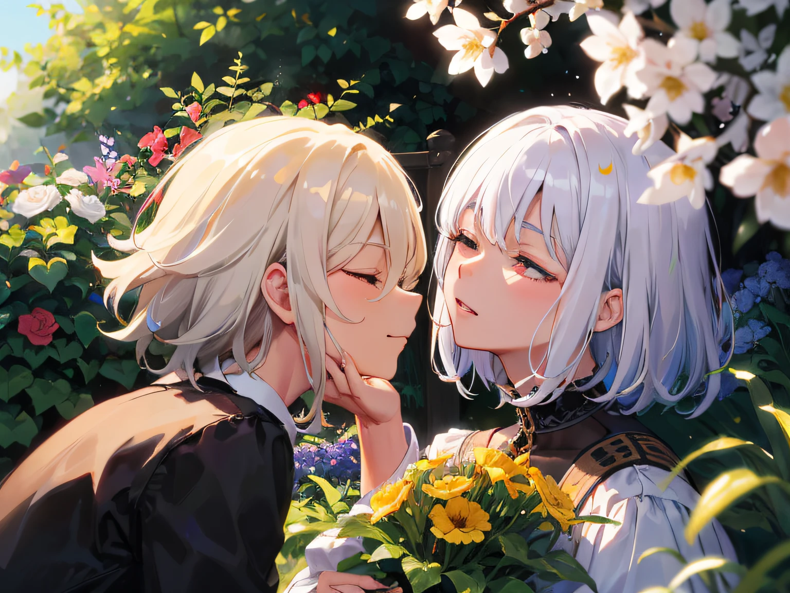 Excellent, masterpiece, white hair, golden eyes, hair, fair skin, men short hair in the garden park male Enjoying with closed eyes and a face Inhaling with flowers in hand