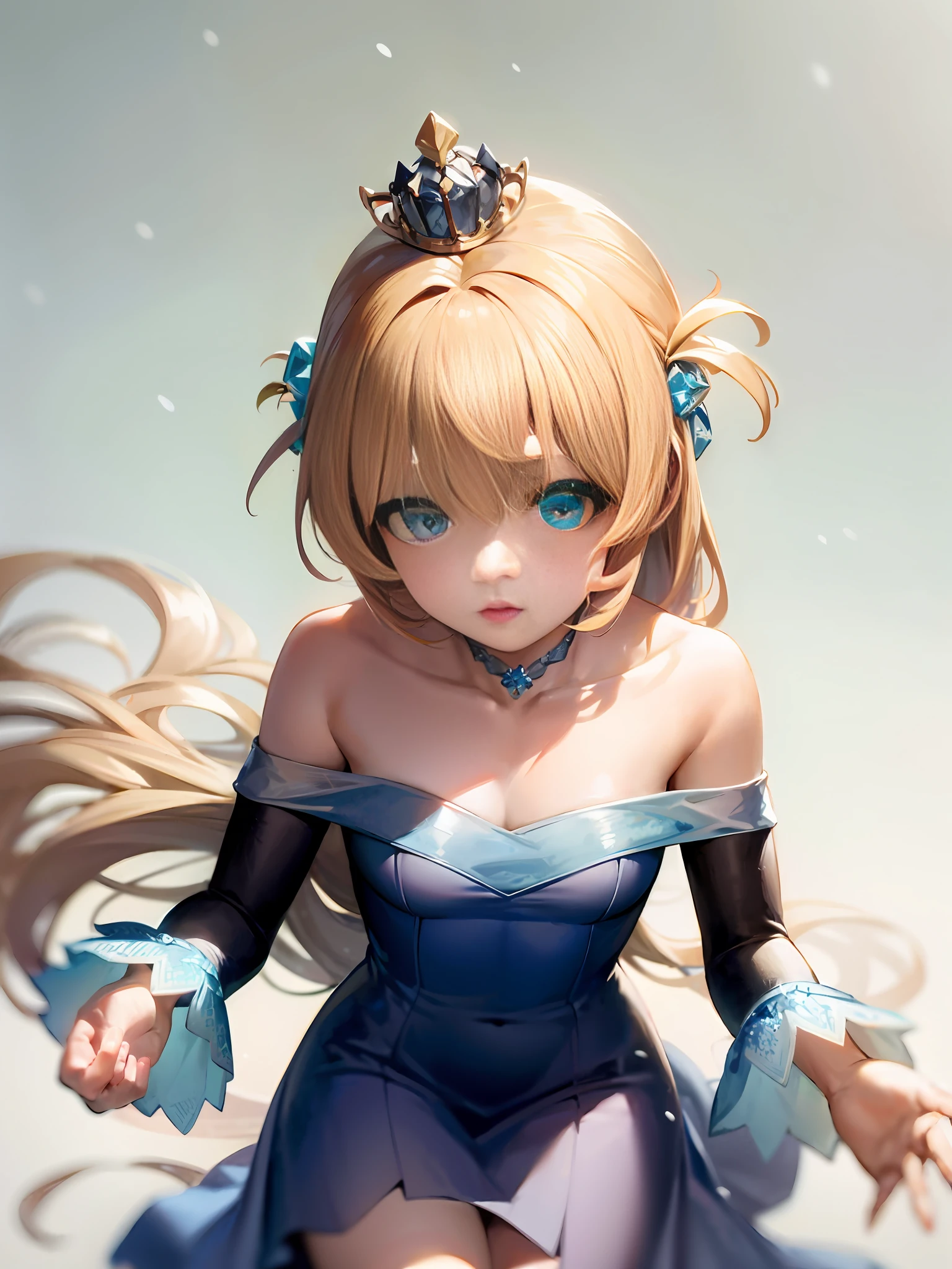 Revealing a pair of sky blue eyes, long blonde hair, off-the-shoulder gradient blue dress, little blonde princess, inspired by Princess Elsa of Frozen, realistic, brushwork, snowy day