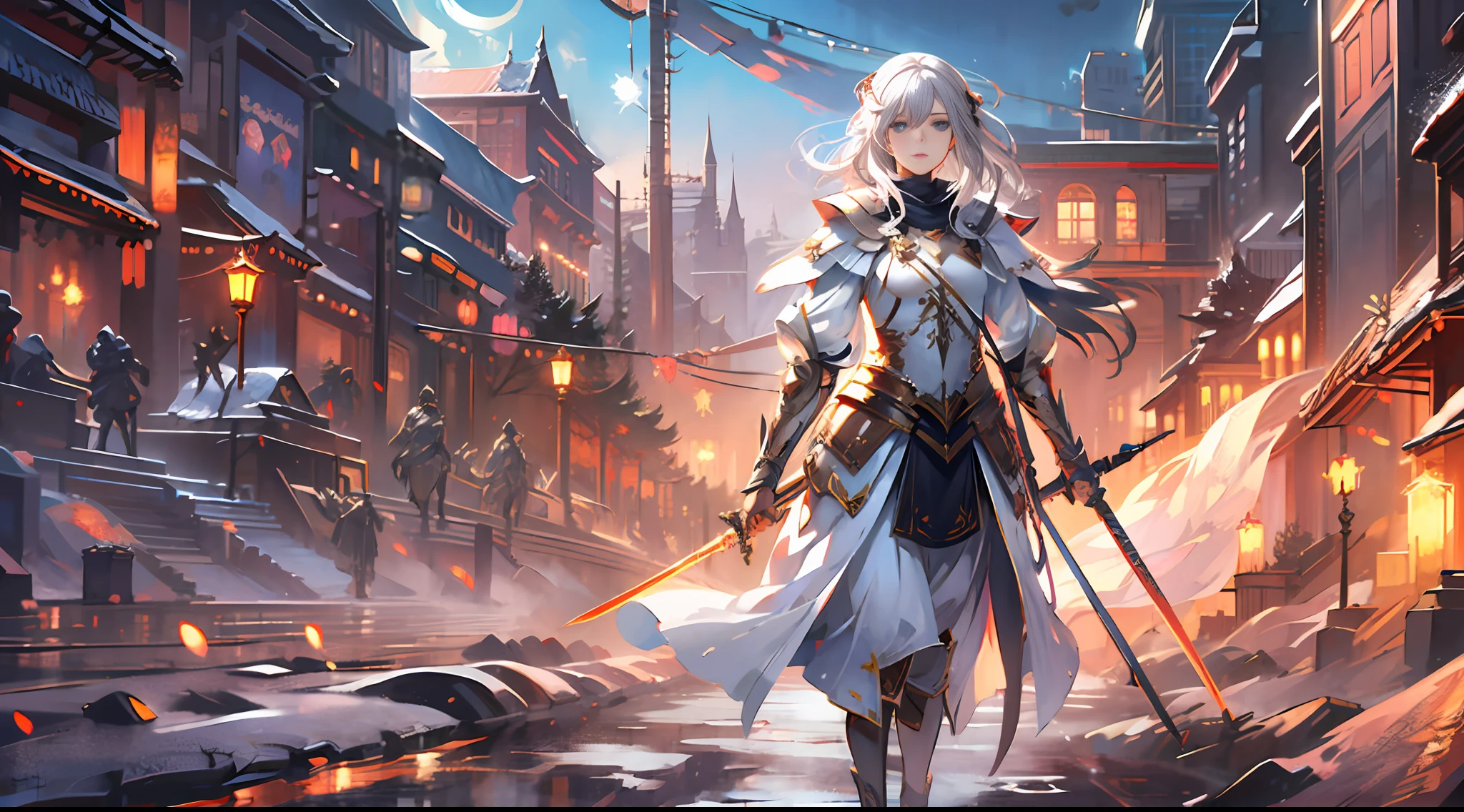 Super fine 8K, best quality, highly detailed, masterpiece, realistic, rich detail, 1 girl, female general, armor, white hair, snow, valley, eagle, torch, photo realism, battlefield, winter, ice and snow, ice age, sword light shadow, skeleton cavalry,