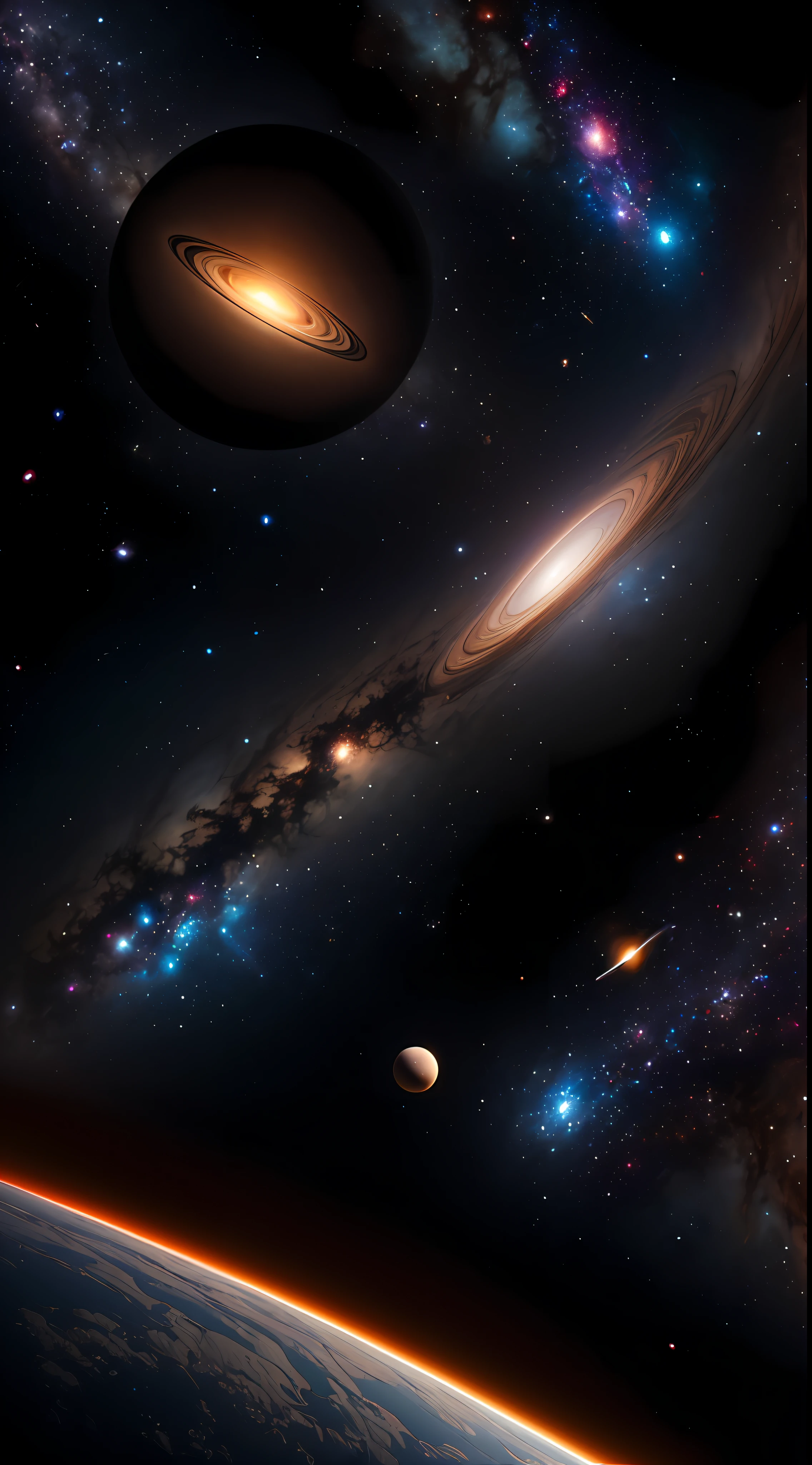 ((master)), ((best quality)), ultra-detailed CG unity 8k wallpaper, incredibly delicate and beautiful illustration, floating, high resolution, dynamic, ((1girl)), brown eyes, brown hair, astronaut suit, dark black background, stellar space, large white luminescent stars, a huge black hole in the background, colorful planets floating in a cosmic maelstrom.