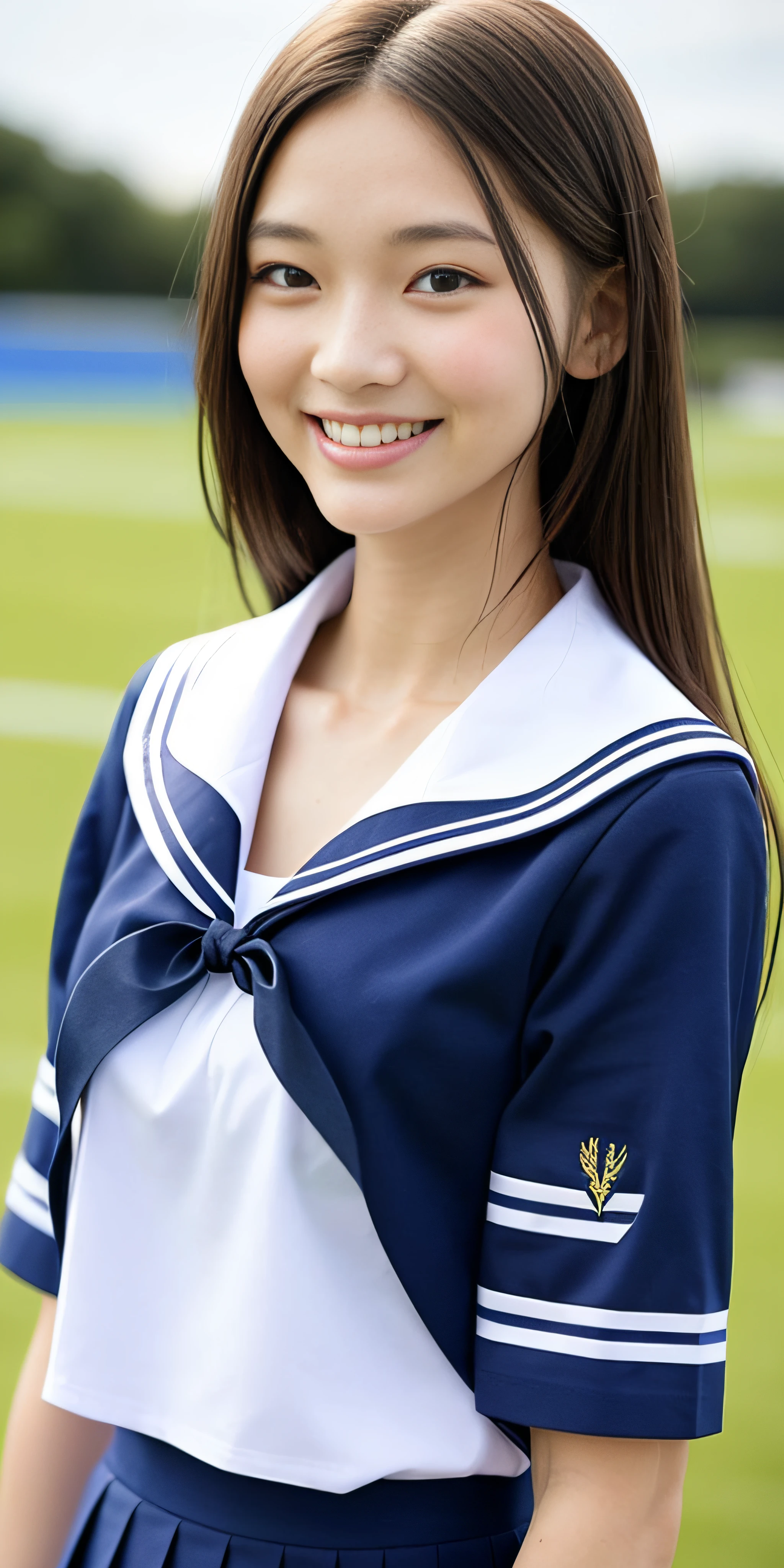 neat college girl, (school uniform, sailor uniform, ribbon tied at chest, summer uniform, upper body white, skirt dark blue, short sleeves), outside the athletic field, (slim), photorealistic, detail, skin texture, ultra detail, delicate and sexy collarbone, smile, super detailed face, detailed lips, detailed eyes, double eyelids, small breasts, small breasts, small, small, flat chest