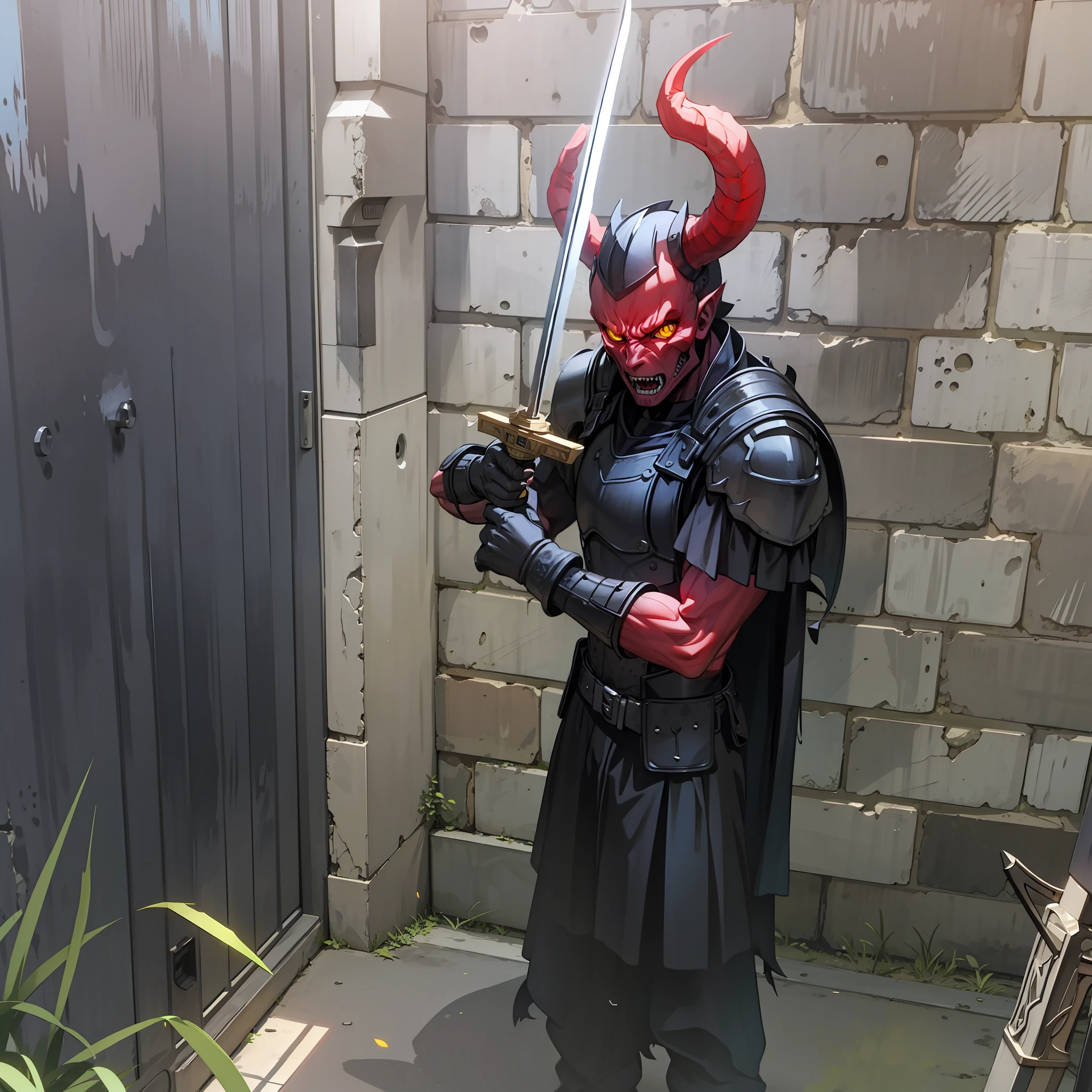 Demon, holding a sword,4k, yellow eyes, black armor