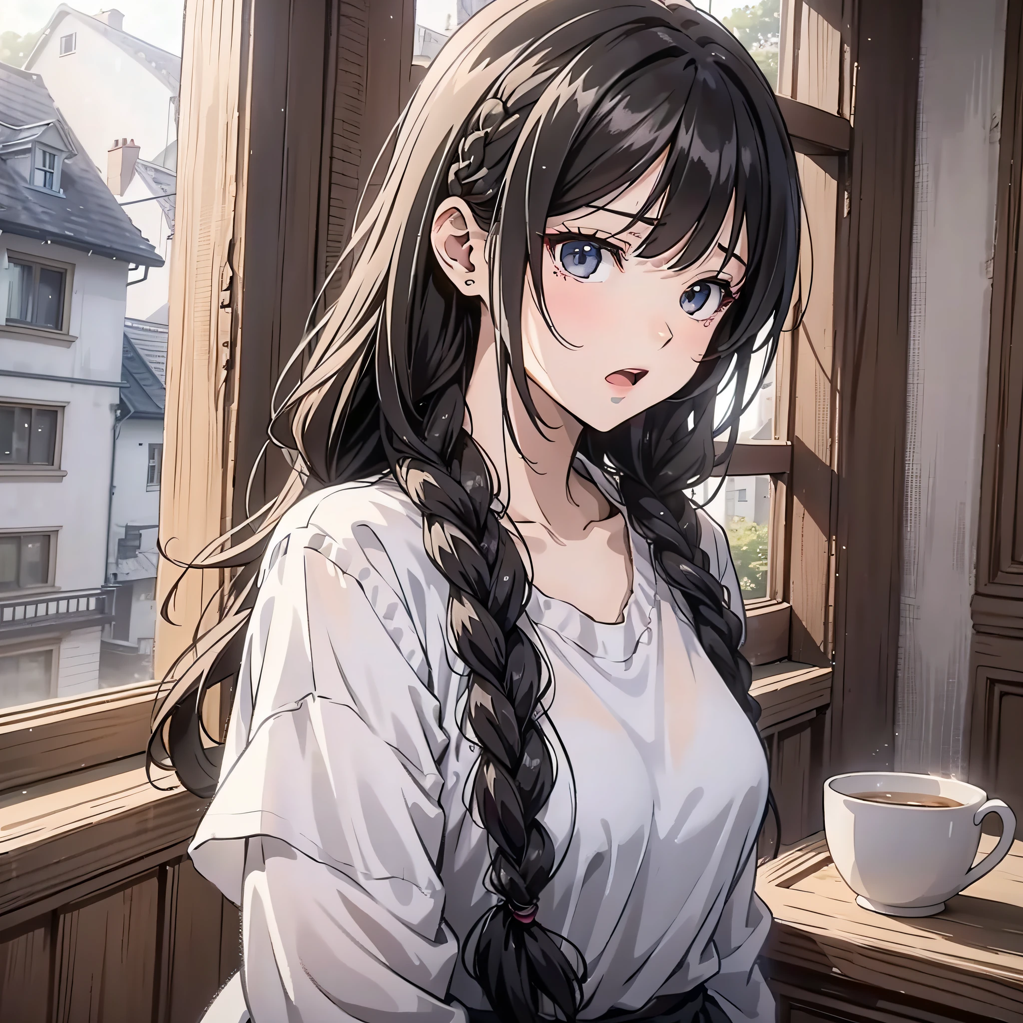 A woman in a white shirt with long black braided hair stands in front of the window in the village house (twist braid 1.5) (fear expression 1.5) (open mouth 1.3) (frown 1.2) (upper body display 1.5) (background is village house 1.5) (girl 1.8) (cinematic lighting 1.5) (master masterpiece: 1.4), hyper detail, anime style 4 K, anime rendering, anime style. 8k，