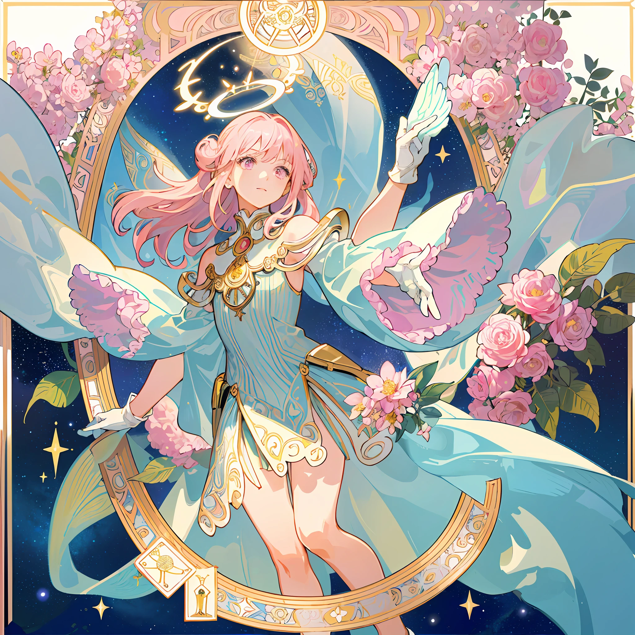 ((masterpiece,best quality)),(1girl, solo:1.4),beautiful detailed eyes, vivid, cinematic light, full_body, pink_flowers, (tarot_card), intricate, detailed background, looking_at_viewer, Madoka Kaname, hands reaching out, (flat chest), (walking), casual pose, posing, (white_gloves), (pink_eyes), white feathers, sparkles, glitter, celestial, outerspace, by alphonse mucha, (gold frame), halo, (tarot border)