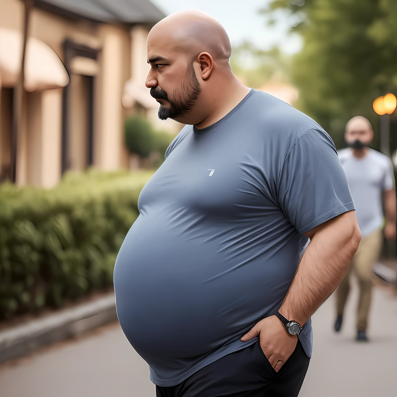 Just a short, bald, mustachioed man with a huge belly, with a shirt, walking, in profile --auto