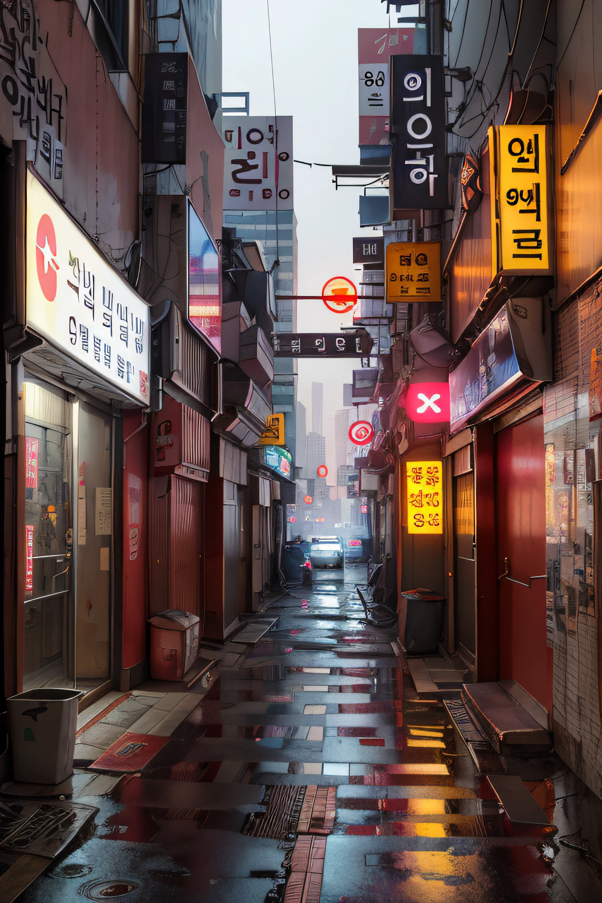 lonely ally in Seoul, cyberpunk city from sci-fi movie, empty street, Korean, Korean signs, intricate, hyper-detailed, realistic, ultra-realistic, high quality, ultra detail, crazy detail, photo realism, 8k