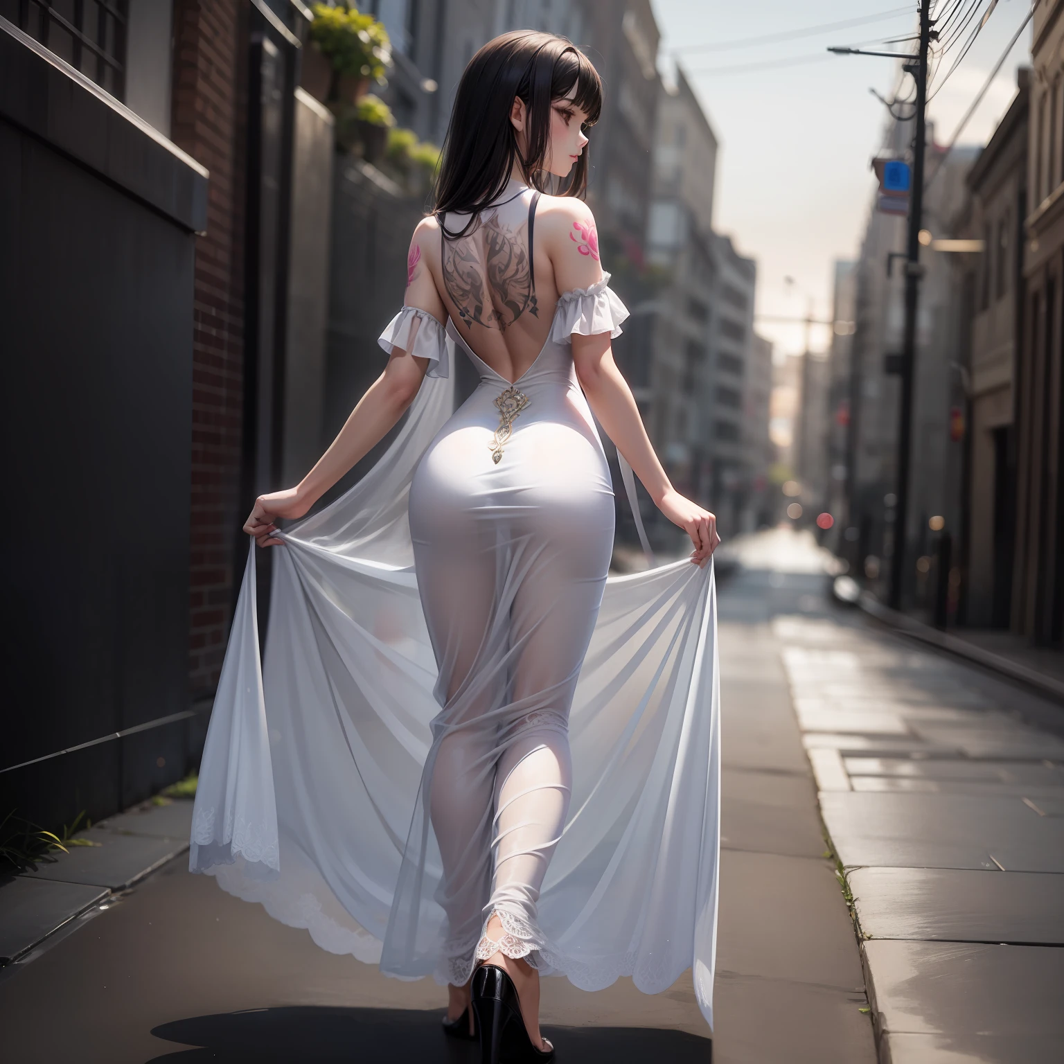 Beautiful sensual woman, sensual dress, all tattooed body, low-cut dress, sun lighting, long dress, transparent dress, beautiful woman, back,