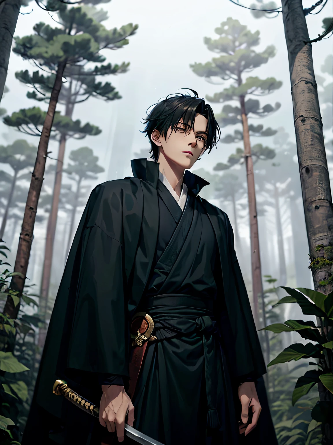 ancient times
 Young man, handsome, temperamental, rich as jade
Sick The face is a little pale, giving people a feeling that the wind chill has not healed. Masterpiece, of the best quality, 1 boy, black hair, black eyes, deep in the forest, a rainy morning, a mysterious atmosphere permeating the dense woods. The protagonist wears a black robe, black and messy hair, and has a tall posture. He stood in front of a huge ancient tree with a resolute expression and a long sword with mysterious runes in his hand. The surrounding vegetation swayed in the wind, as if in response to his determination.