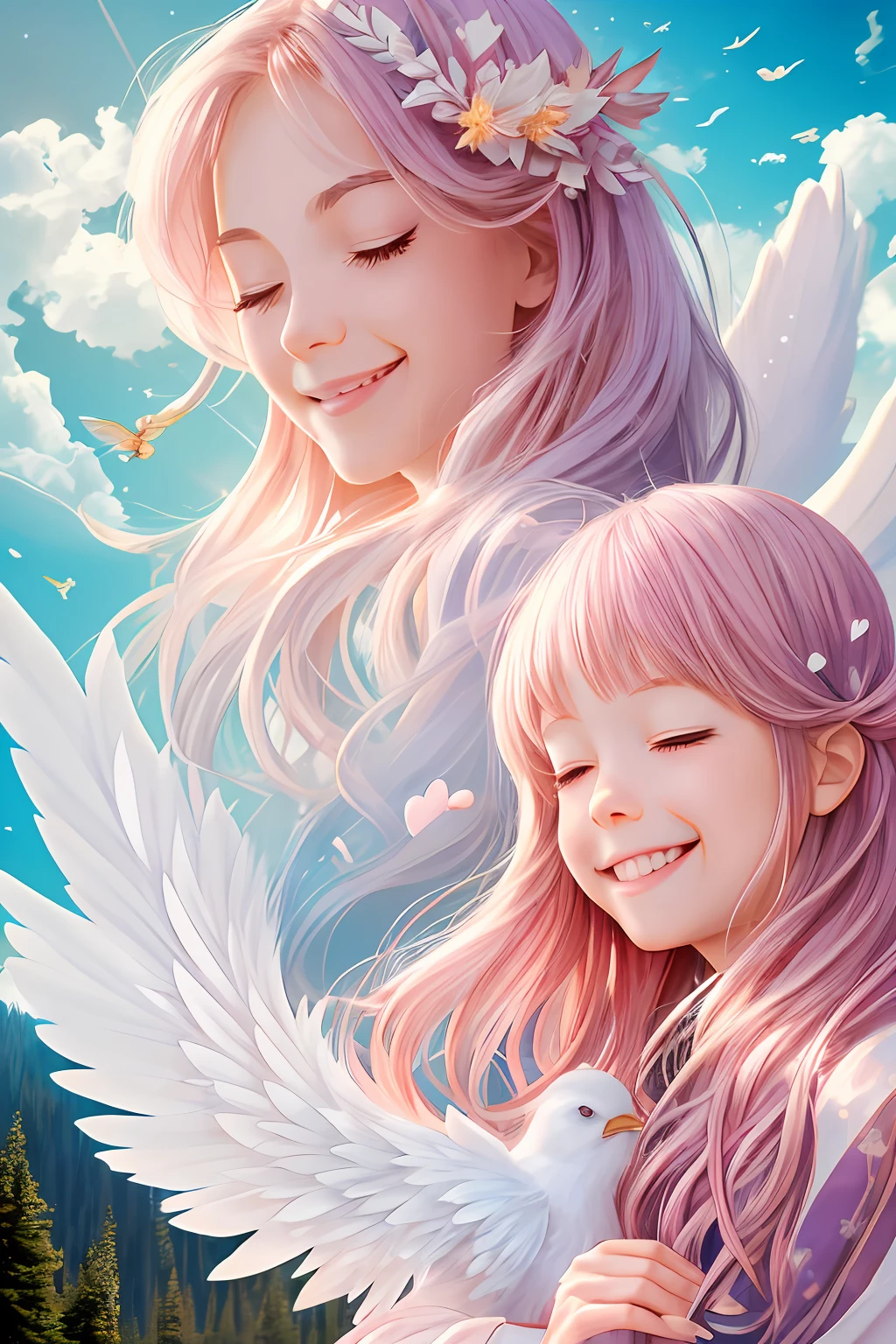 clouds, heart, clouds, wizard, fairy, la, hugging radiant heart, powerful, gentle angel, good friend, friend, flash, light, big feather, fun, playful, beauty, bright background, high image quality, parent and , bright smile, strong light, enjoy, lassen, forest background