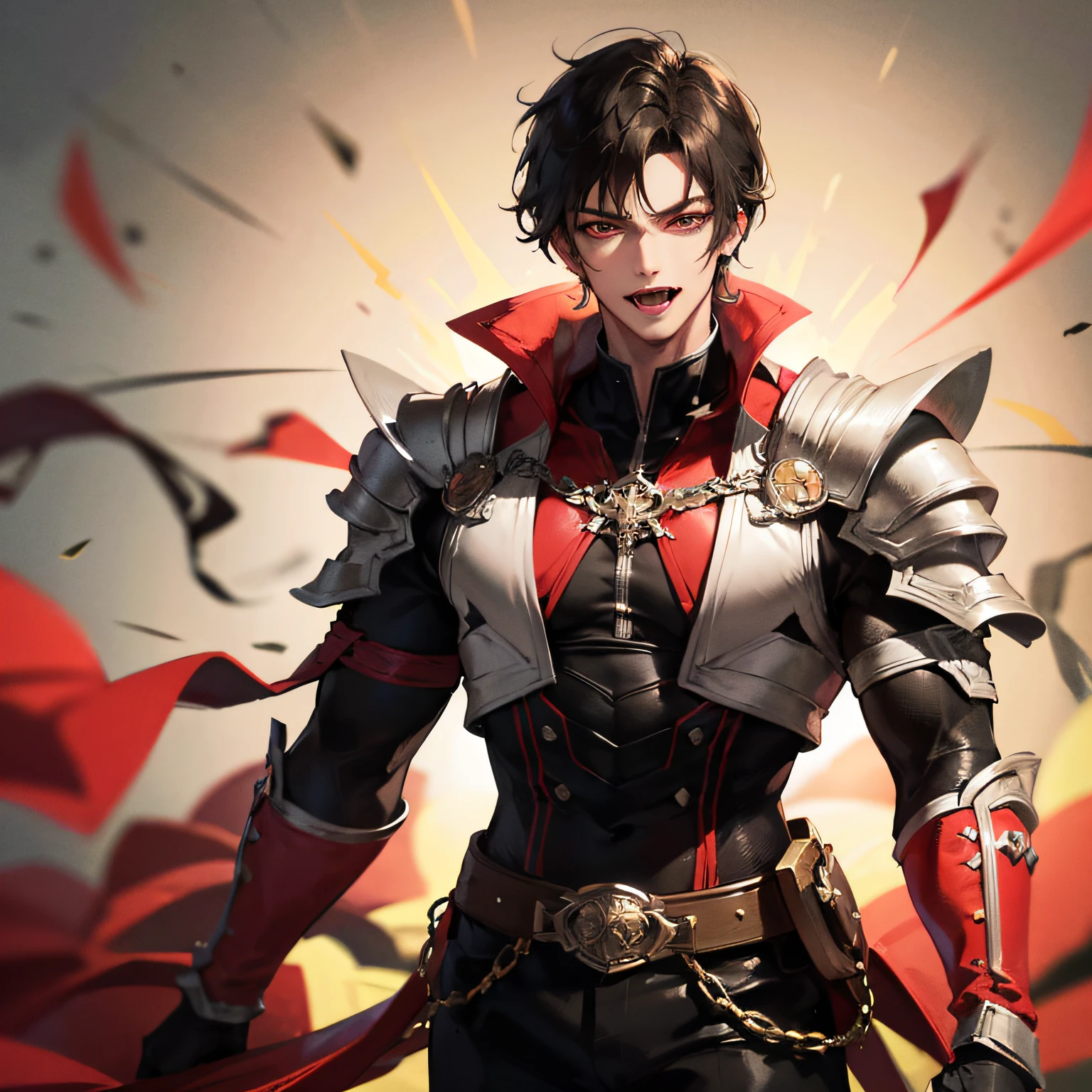 Absurd, high resolution, super detailed), 1 male, adult, handsome, tall muscular man, broad shoulders, scarlet eyes and delicate face, black hair, fantasy, vampire, fangs, fangs