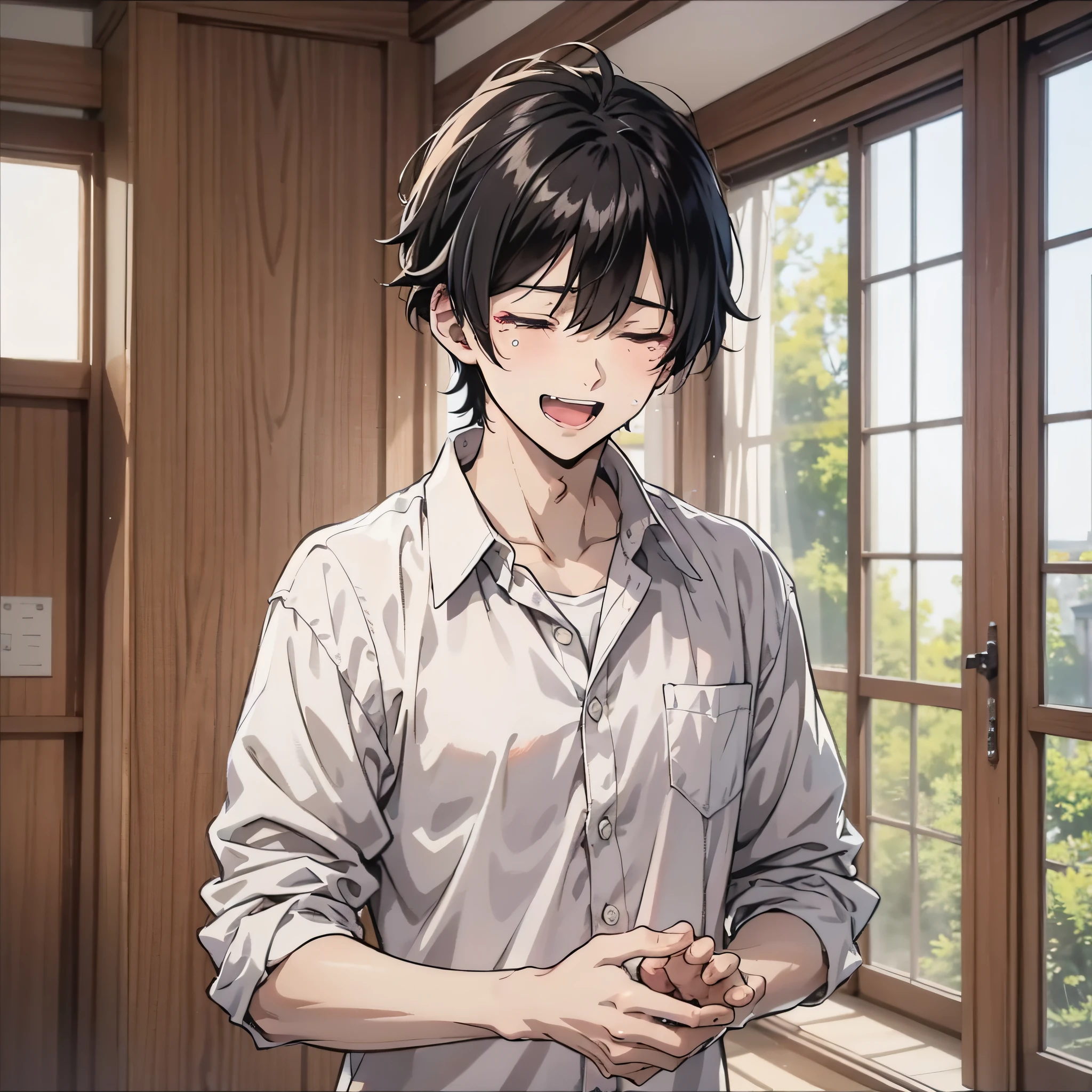 A 20-year-old anime boy with short black hair and a white shirt stands in the room of the village with hands up (laughing cry 1.5) (tears 1.2) (closed eyes 1.3) (background is in the village room 1.5) anime style 4 K, anime rendering, anime style. 8k, handsome anime face (upper body display 1.5) (handsome boy 1.3) (cinematic light 1.5)