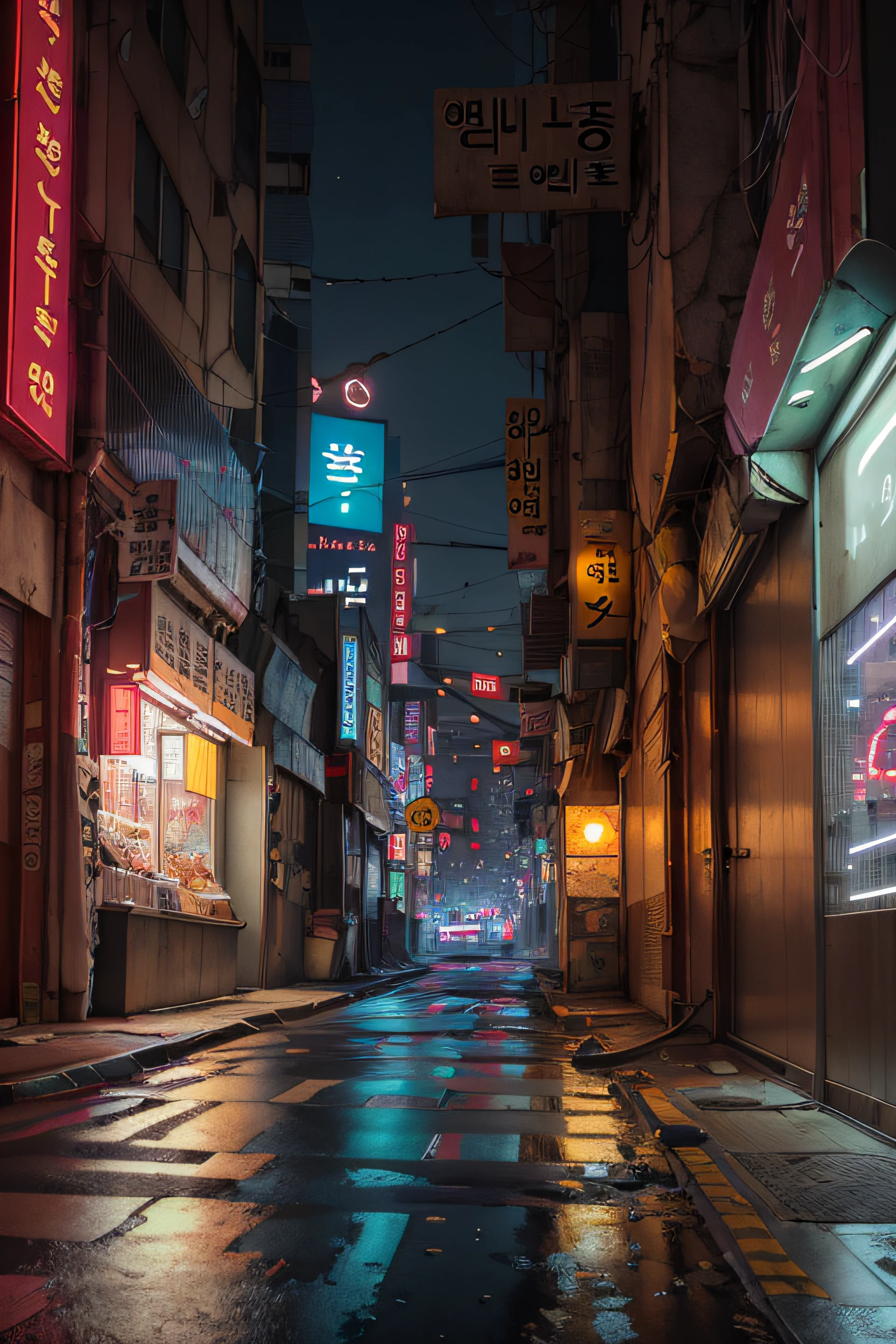 lonely ally in Seoul, cyberpunk city from sci-fi movie, empty street, Korean, Korean signs, intricate, hyper-detailed, realistic, ultra-realistic, high quality, ultra detail, crazy detail, photo realism, 8k
